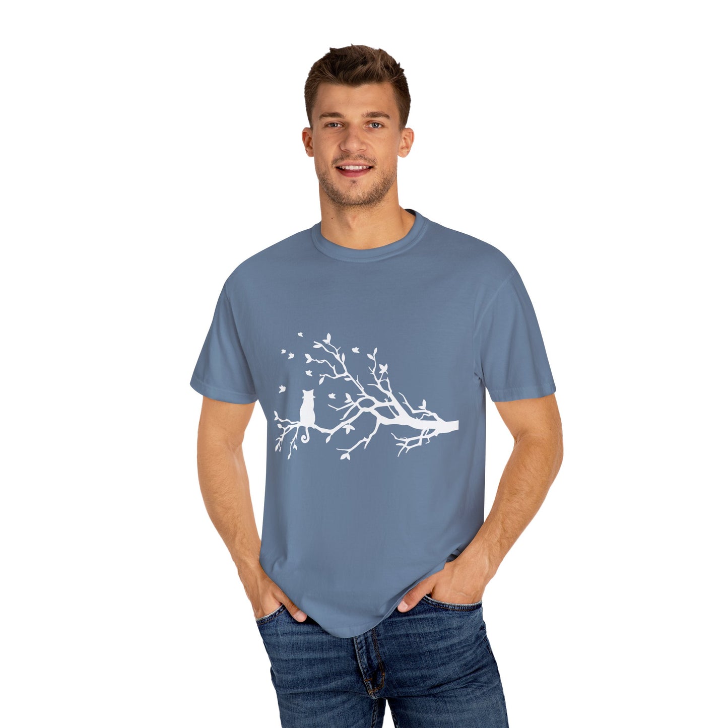 Whimsical Cat and Bird Branch T-Shirt