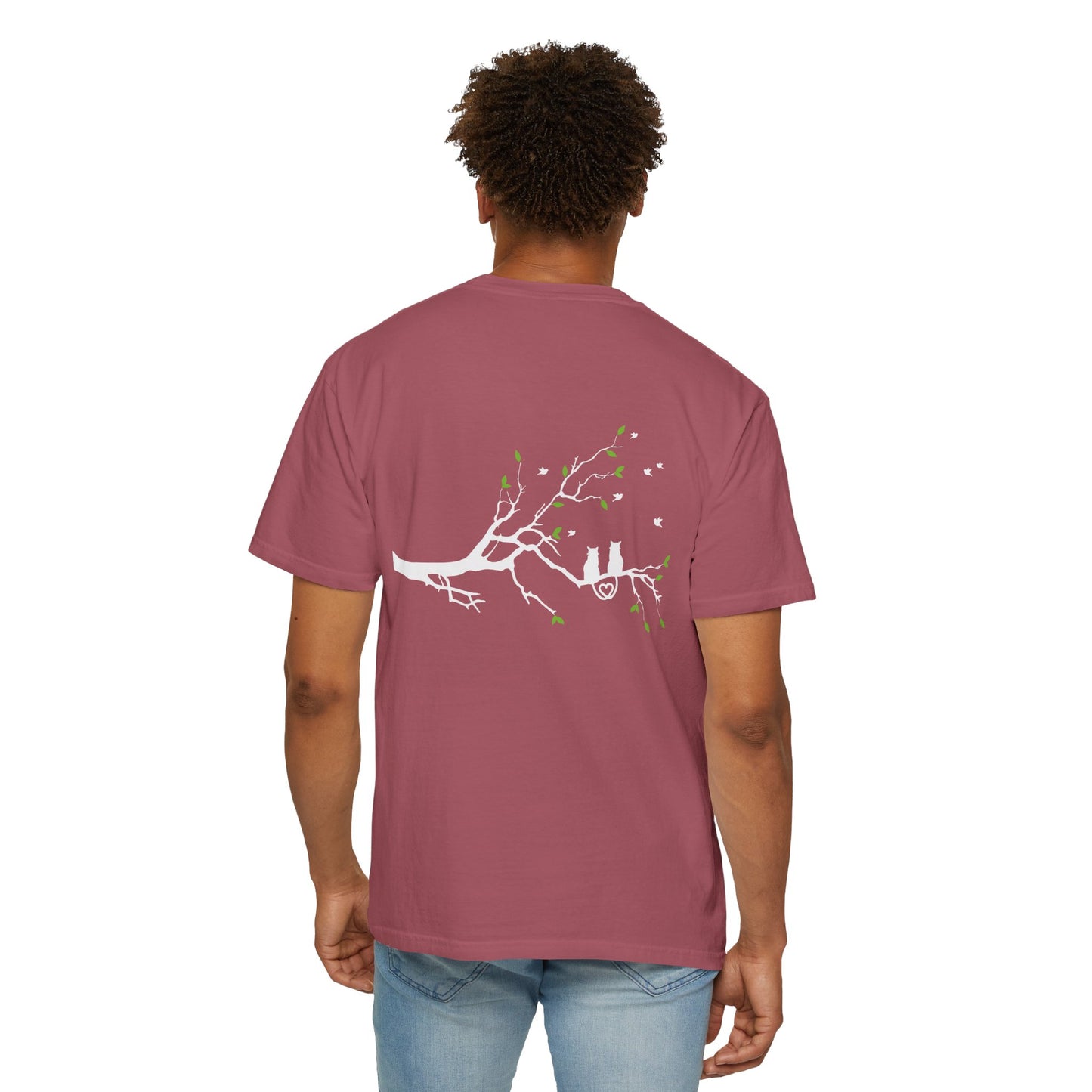 Whimsical Cat and Bird Branch T-Shirt