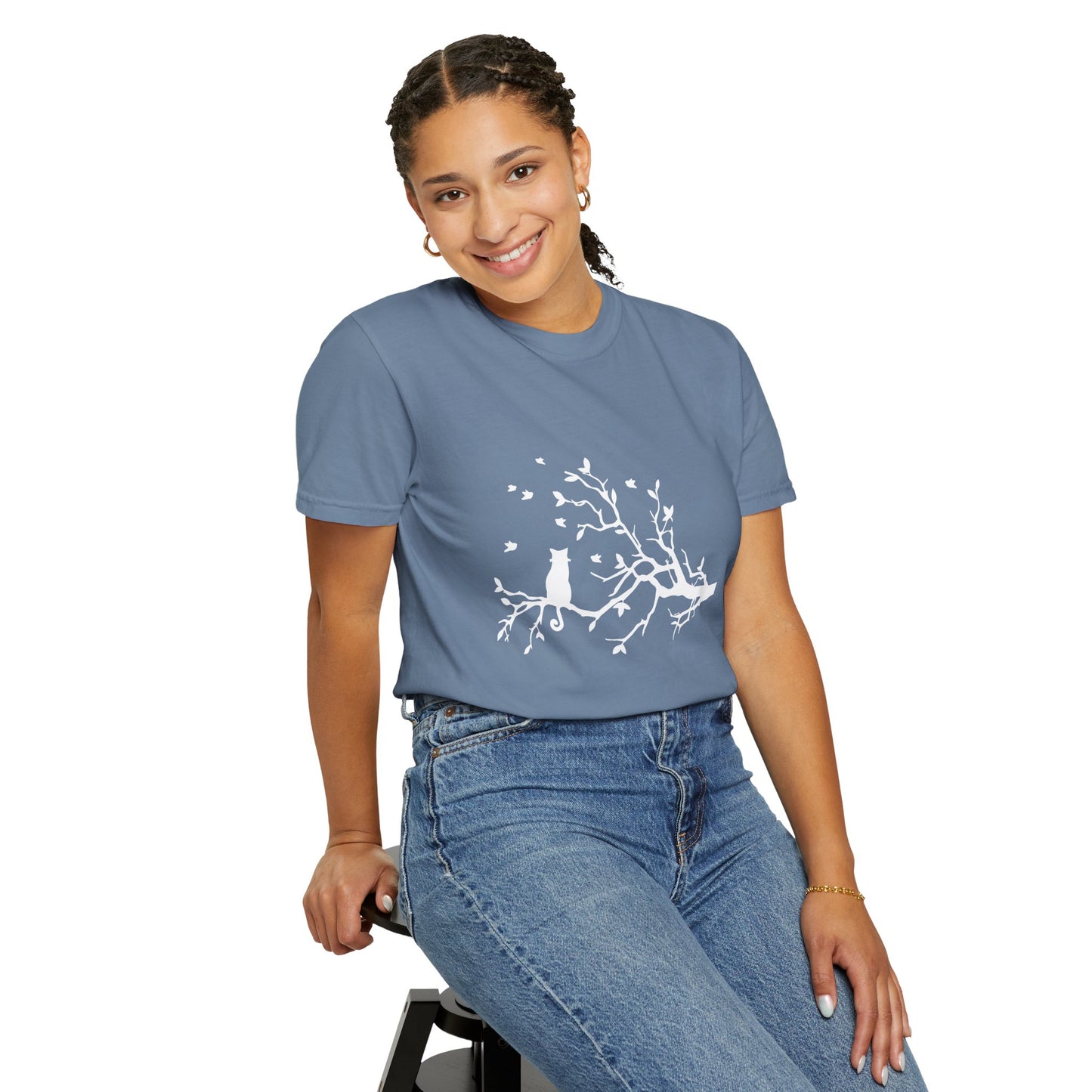 Whimsical Cat and Bird Branch T-Shirt