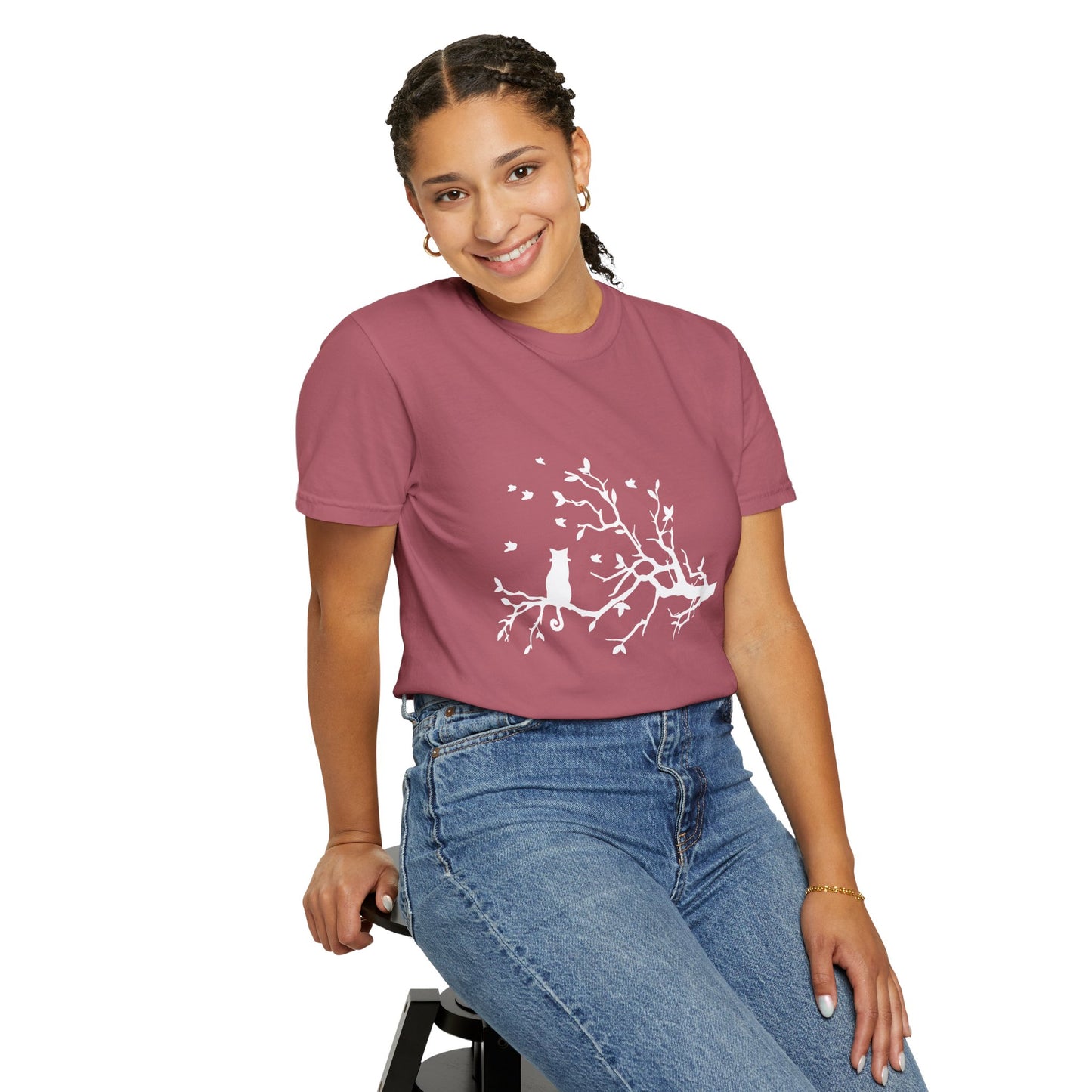 Whimsical Cat and Bird Branch T-Shirt