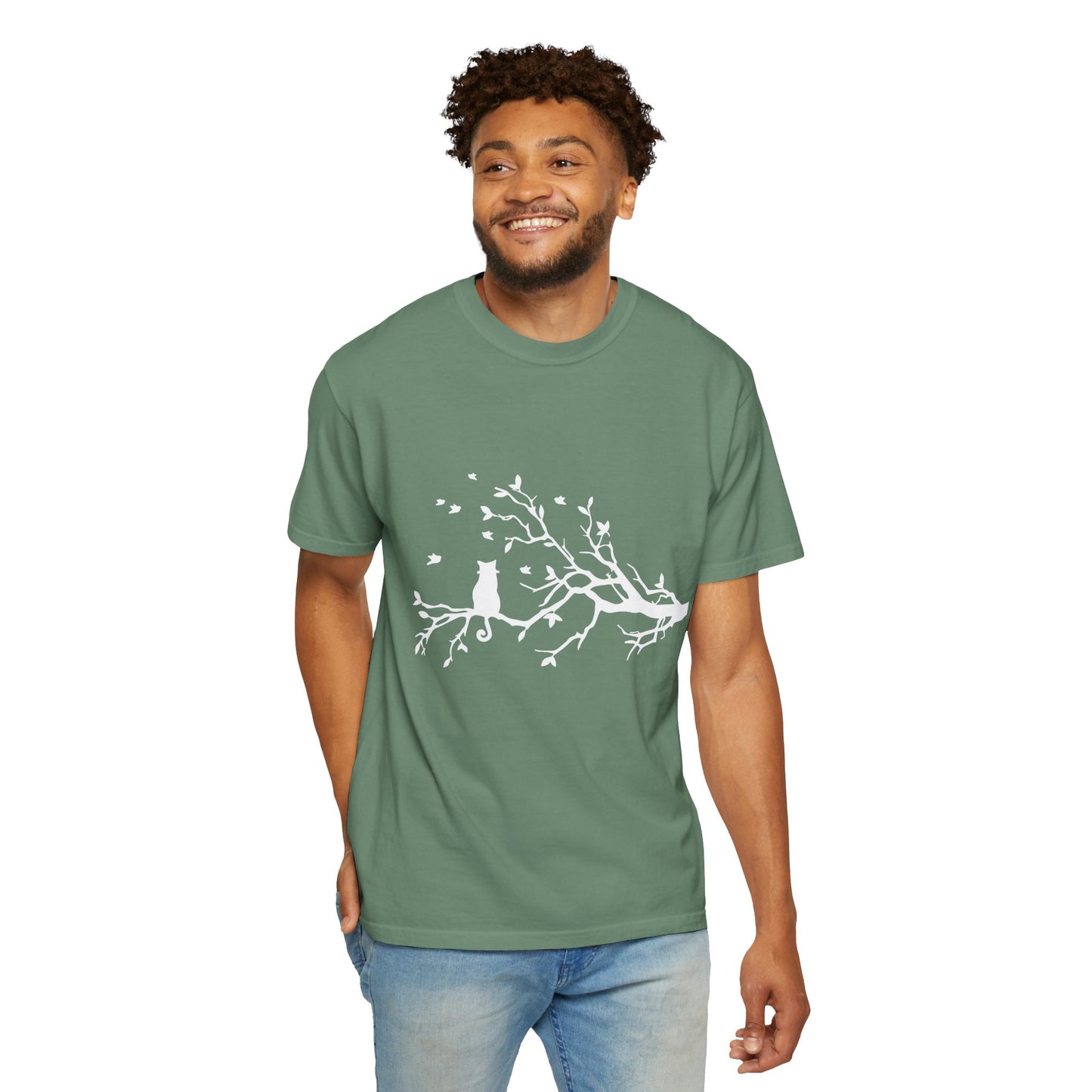 Whimsical Cat and Bird Branch T-Shirt