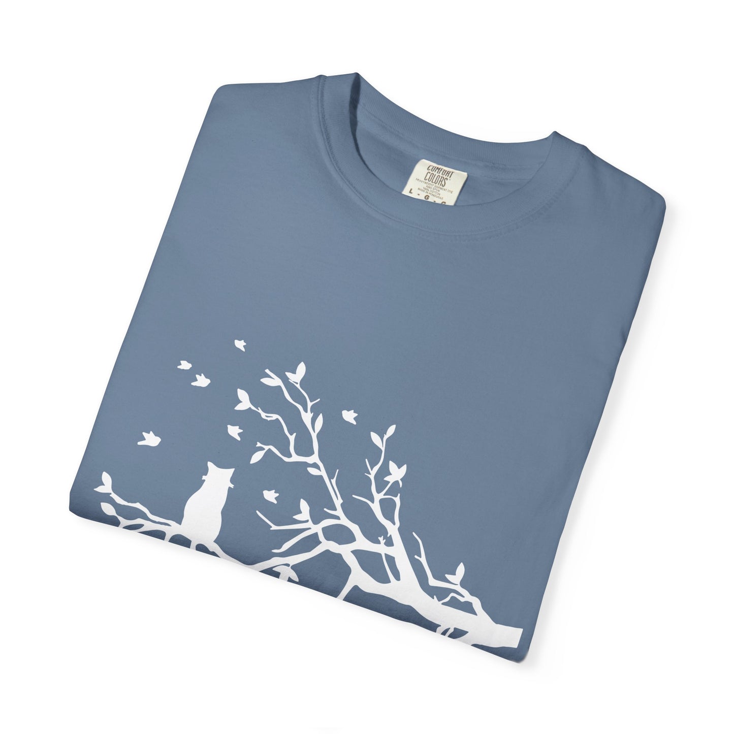 Whimsical Cat and Bird Branch T-Shirt