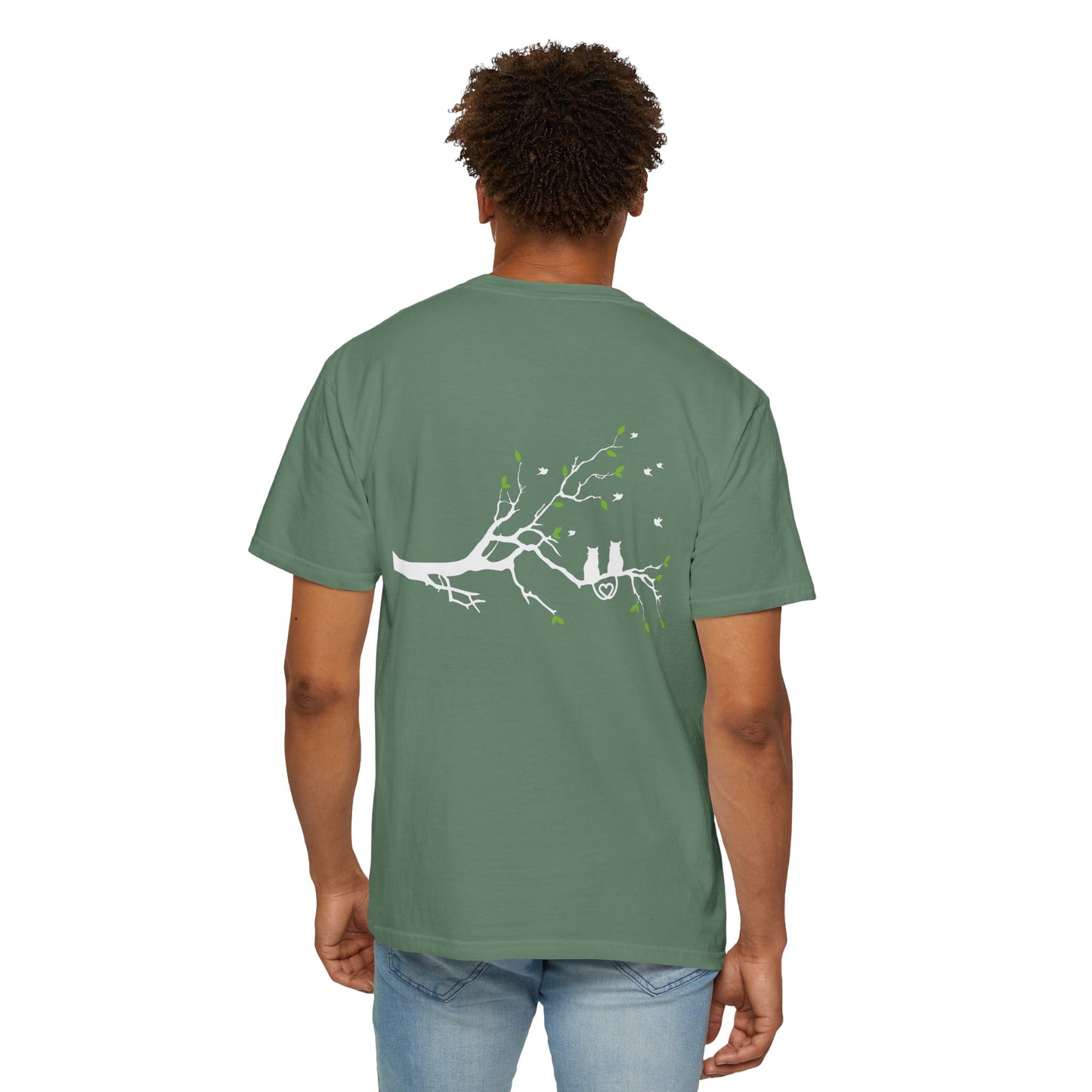 Whimsical Cat and Bird Branch T-Shirt