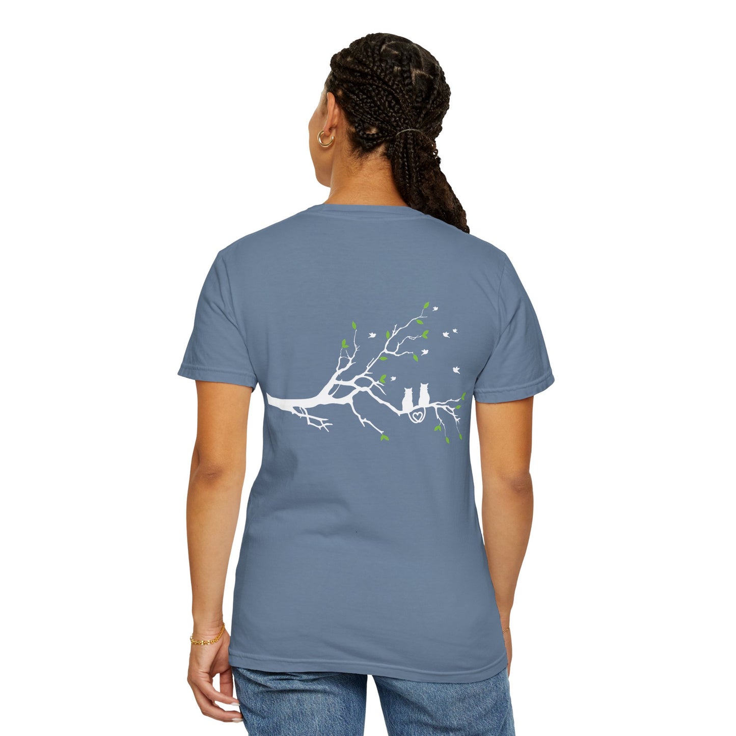 Whimsical Cat and Bird Branch T-Shirt