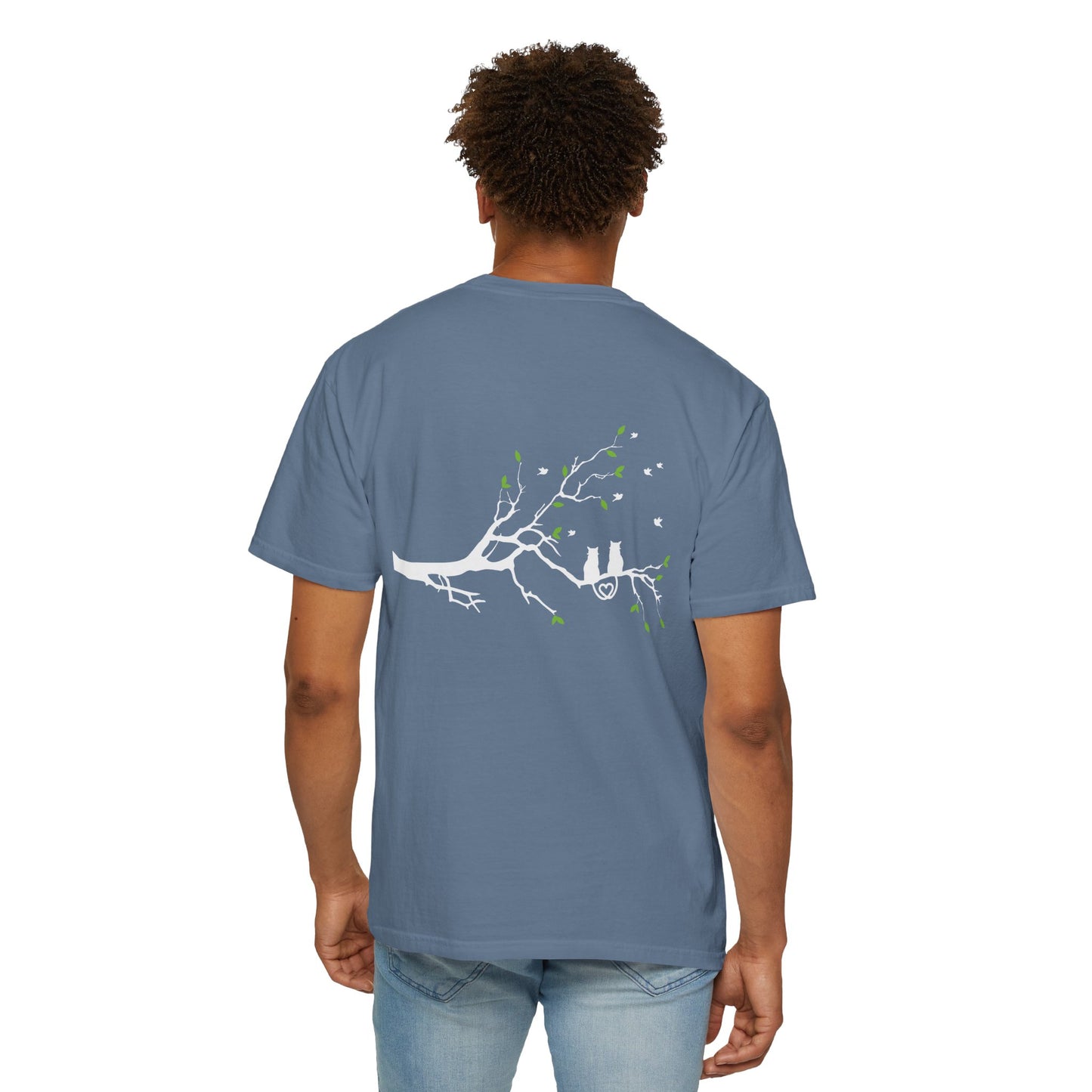 Whimsical Cat and Bird Branch T-Shirt