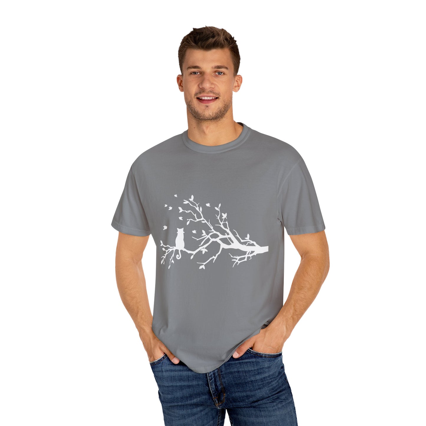 Whimsical Cat and Bird Branch T-Shirt
