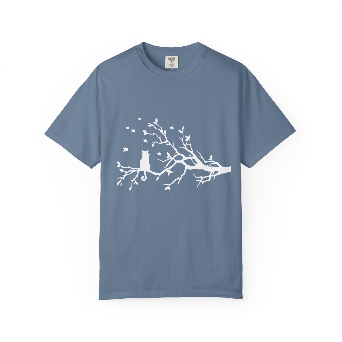 Whimsical Cat and Bird Branch T-Shirt