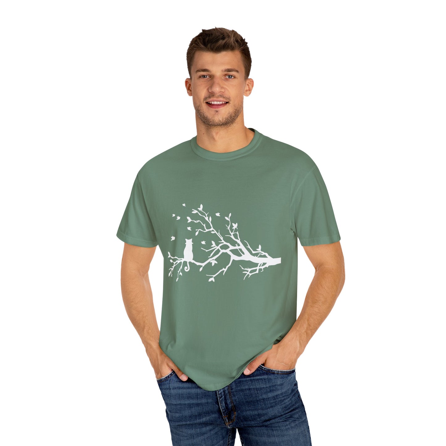 Whimsical Cat and Bird Branch T-Shirt