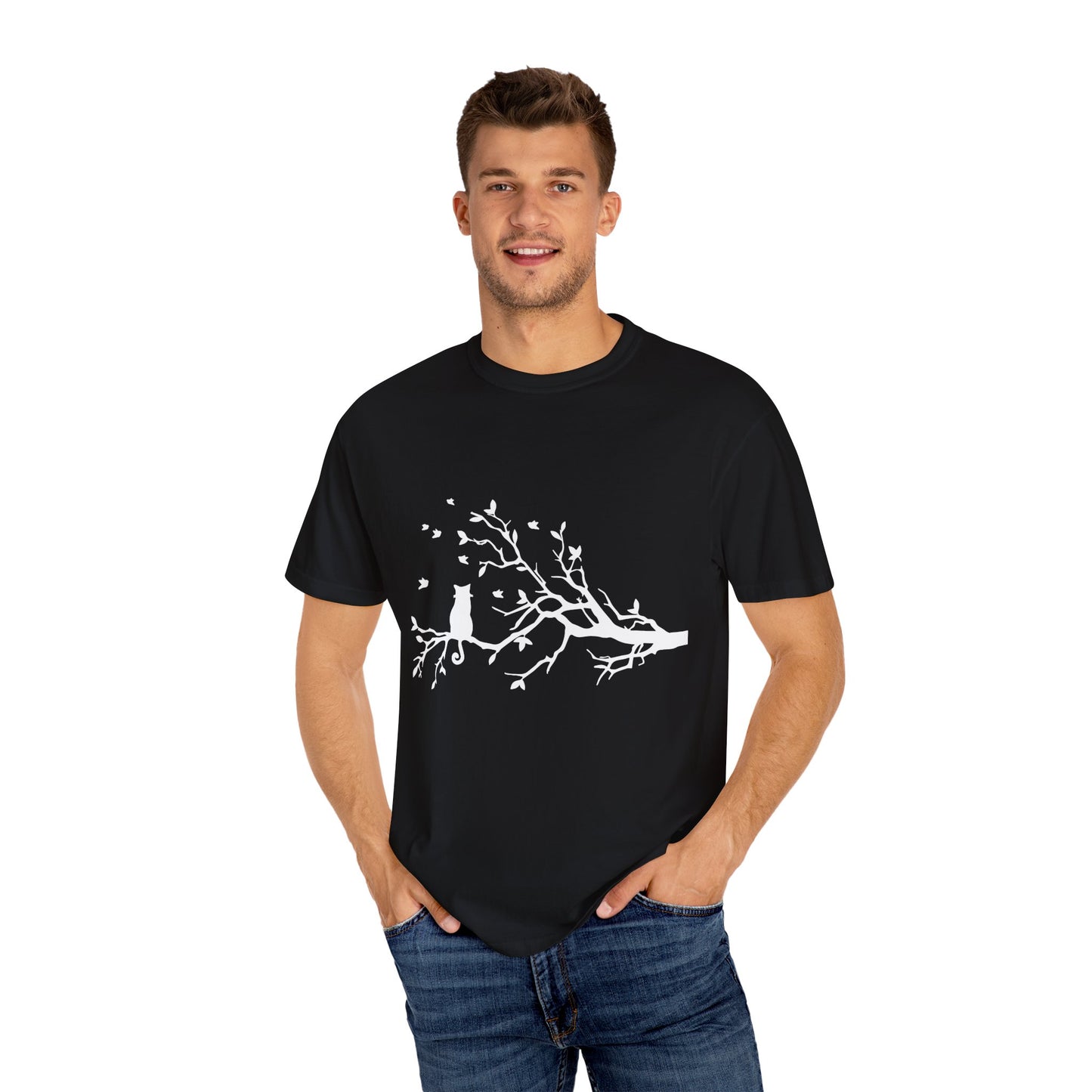 Whimsical Cat and Bird Branch T-Shirt