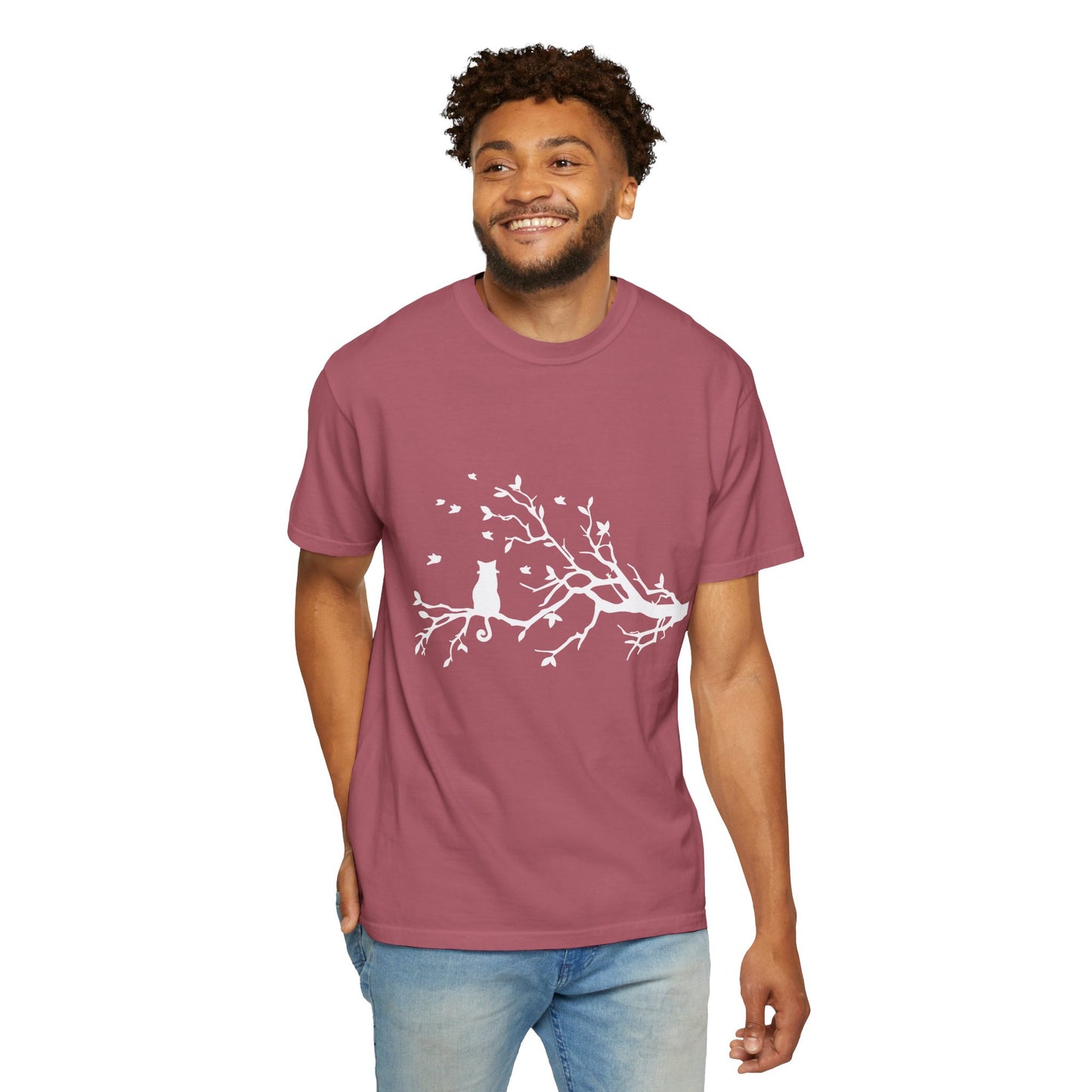 Whimsical Cat and Bird Branch T-Shirt
