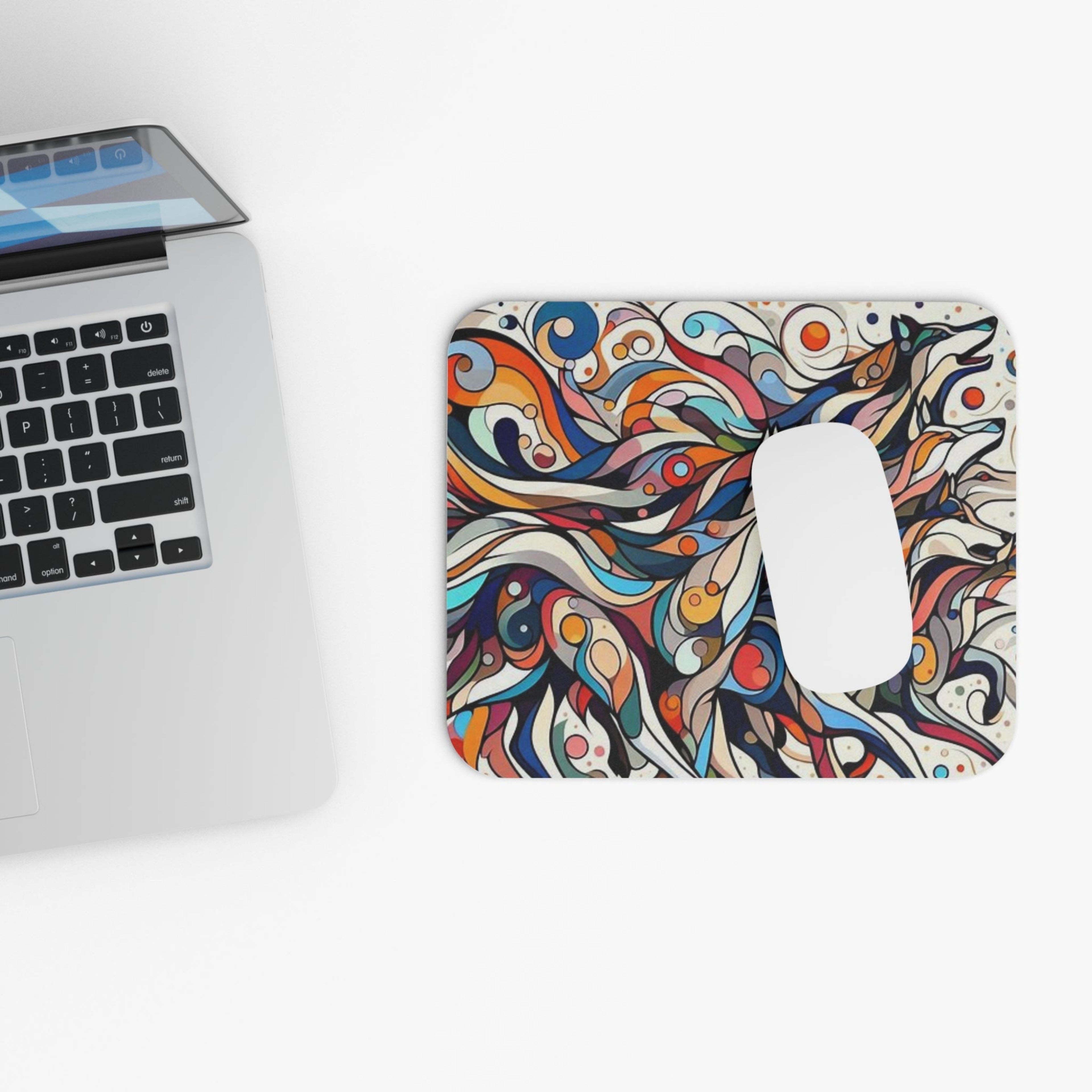 Colorful mouse pad with abstract design next to a laptop on a white surface
