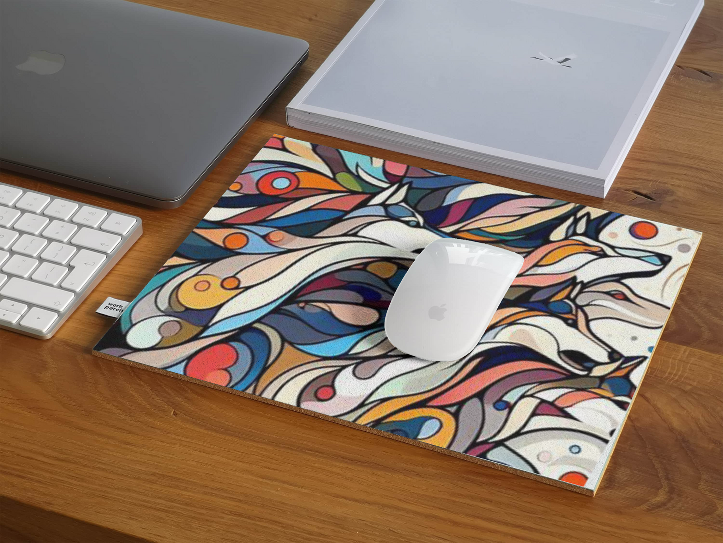 Colorful mouse pad with abstract design on a wooden desk, featuring a laptop, keyboard, and mouse.