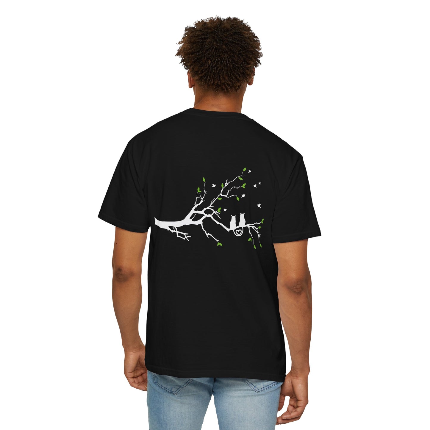 Whimsical Cat and Bird Branch T-Shirt
