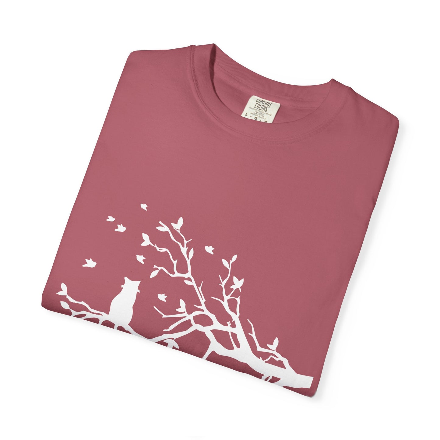 Whimsical Cat and Bird Branch T-Shirt