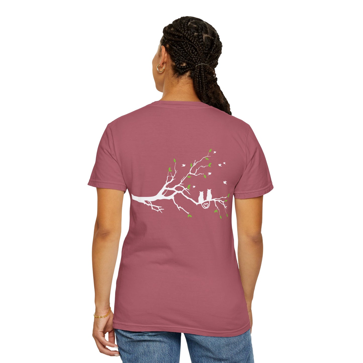 Whimsical Cat and Bird Branch T-Shirt
