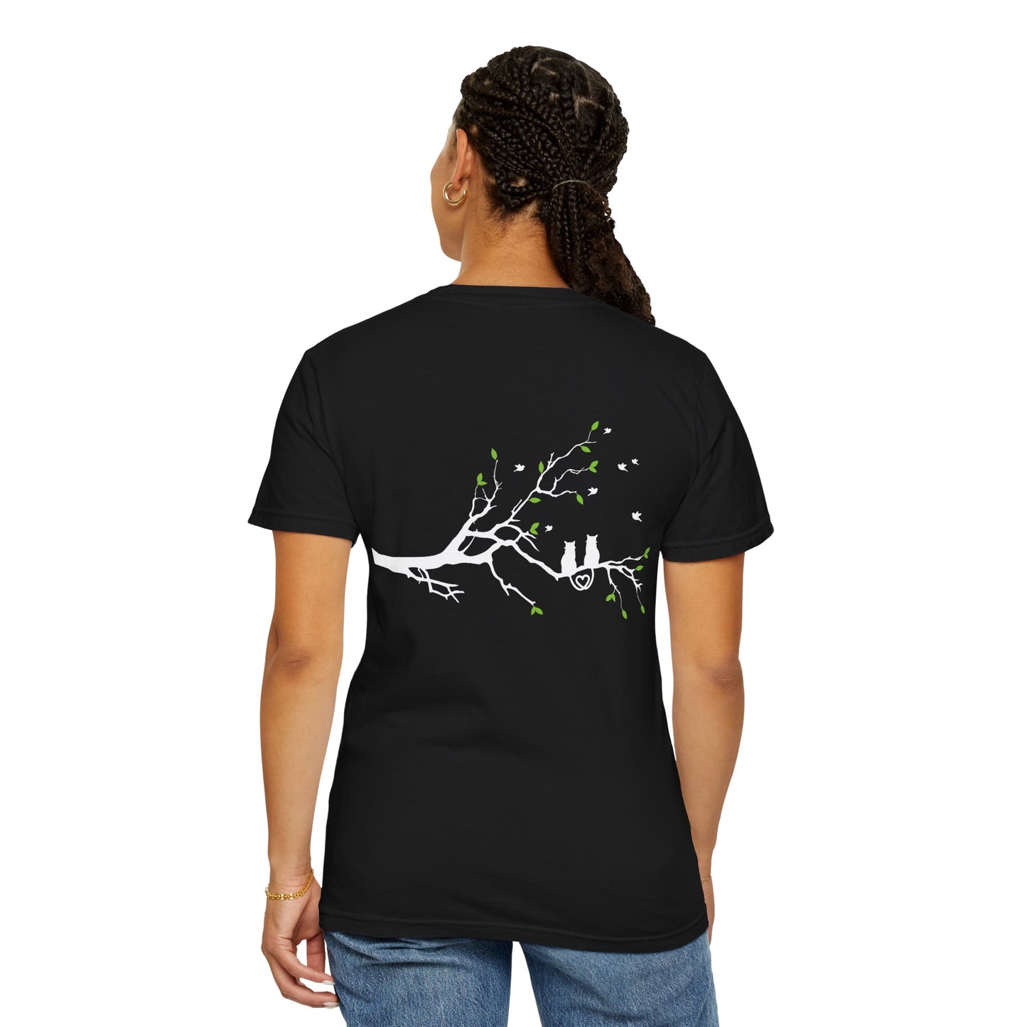 Whimsical Cat and Bird Branch T-Shirt