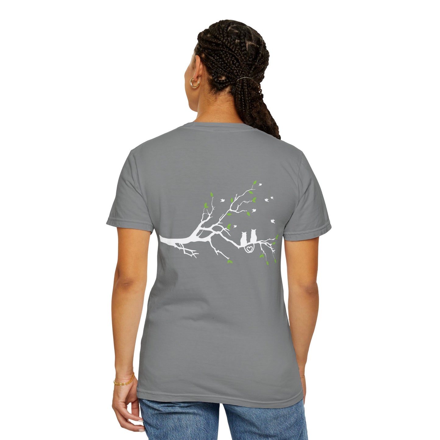 Whimsical Cat and Bird Branch T-Shirt