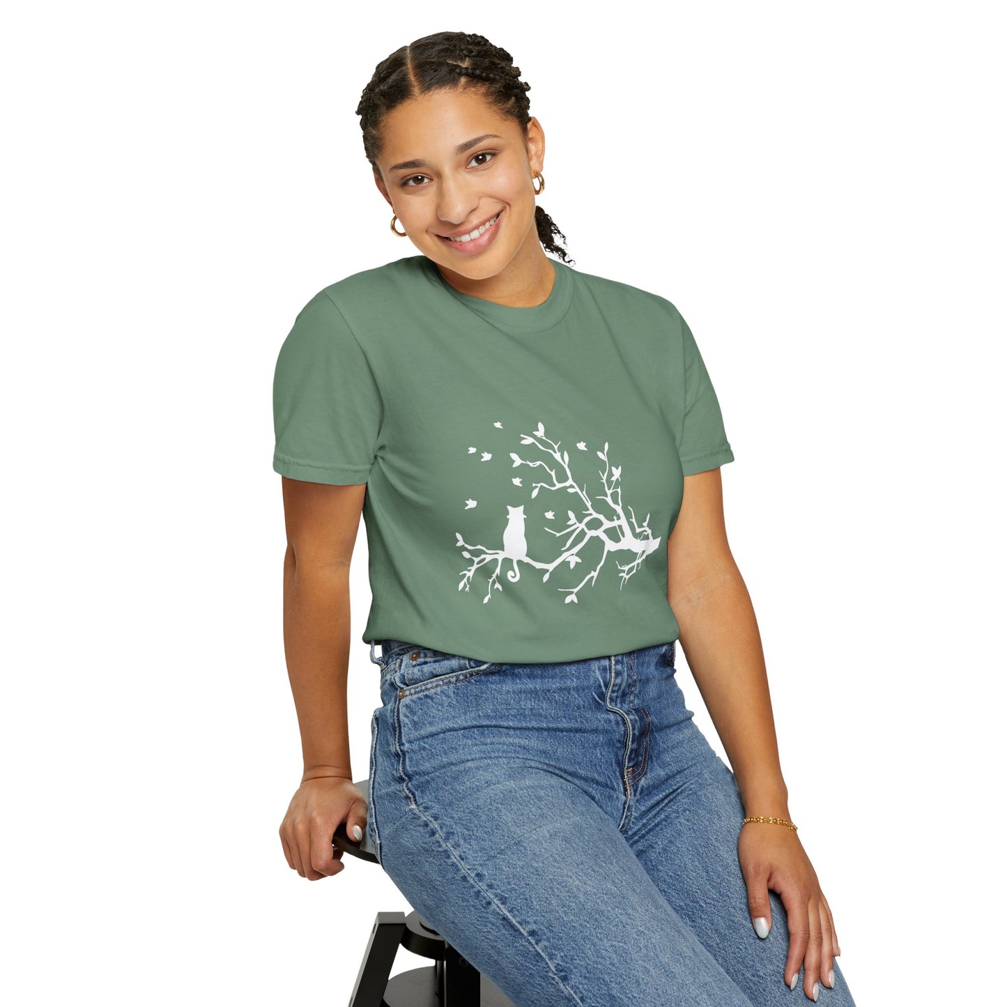 Whimsical Cat and Bird Branch T-Shirt
