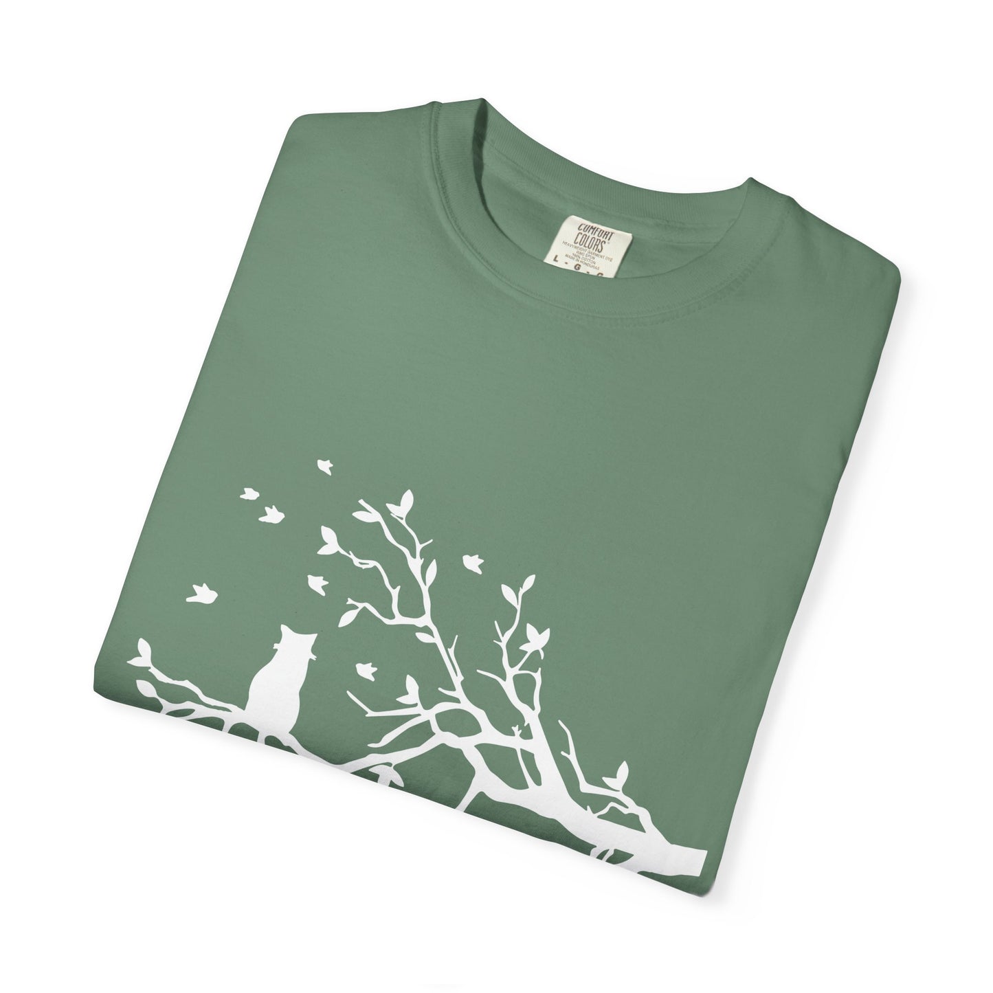 Whimsical Cat and Bird Branch T-Shirt