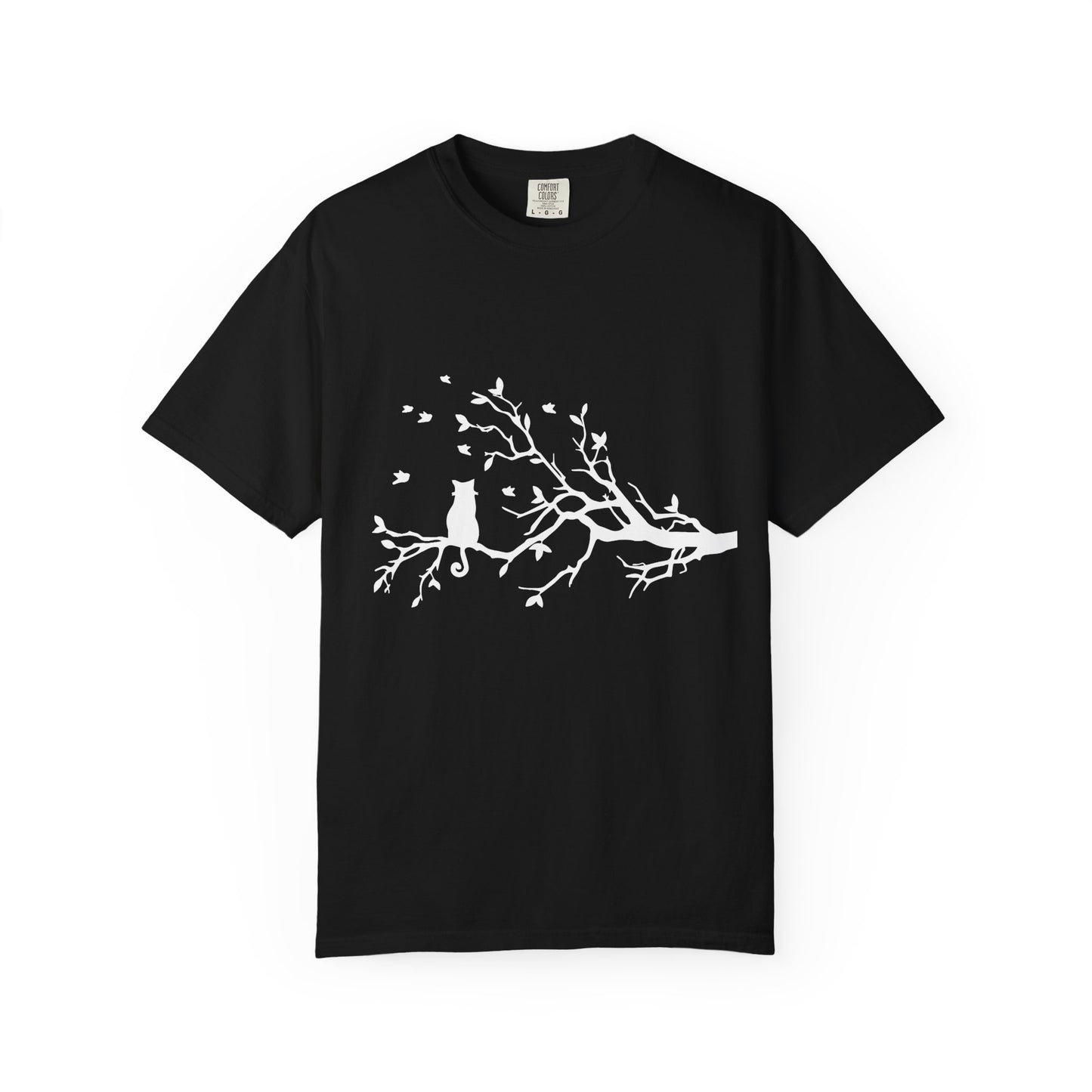 Whimsical Cat and Bird Branch T-Shirt
