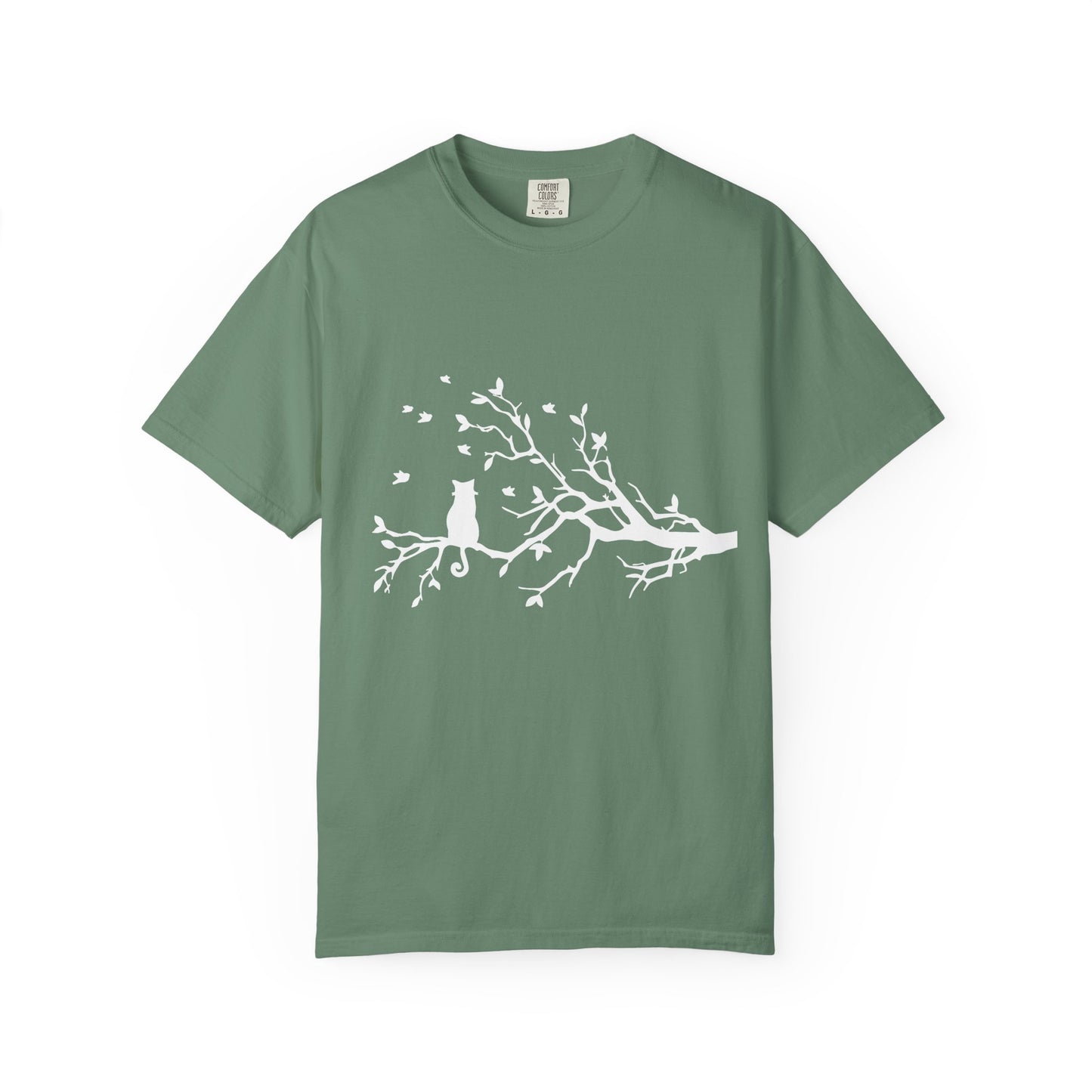 Whimsical Cat and Bird Branch T-Shirt