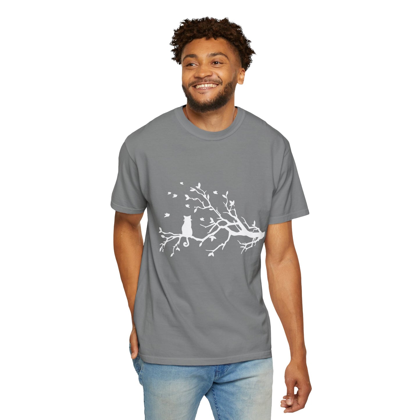 Whimsical Cat and Bird Branch T-Shirt