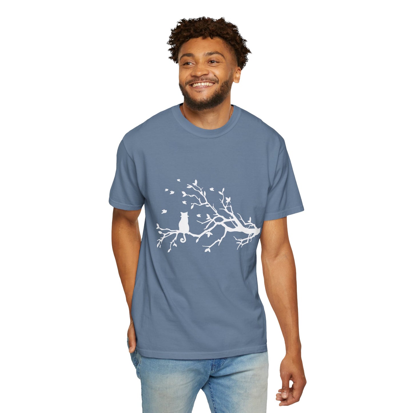 Whimsical Cat and Bird Branch T-Shirt