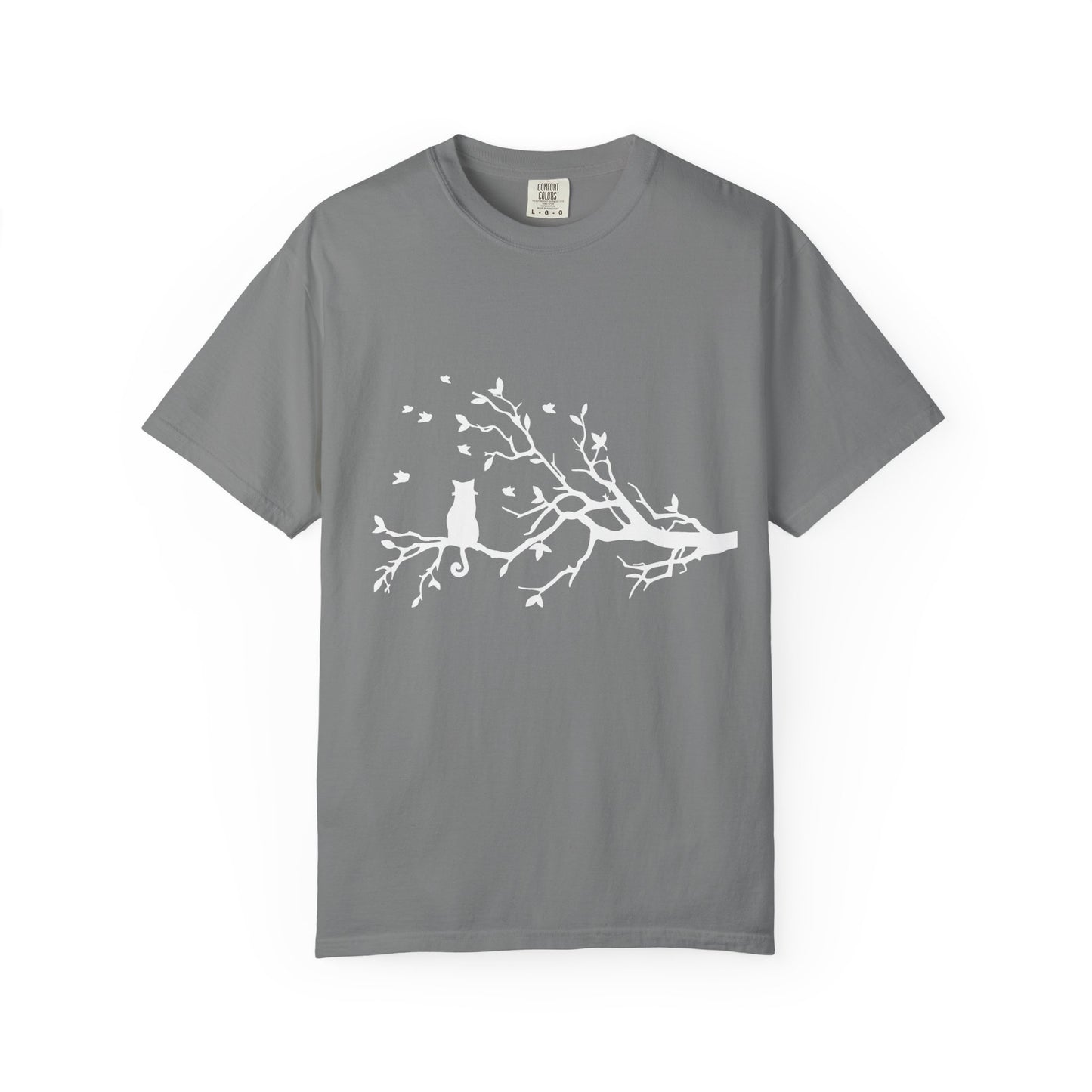 Whimsical Cat and Bird Branch T-Shirt