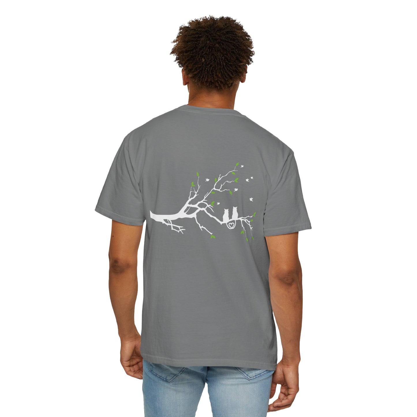Whimsical Cat and Bird Branch T-Shirt