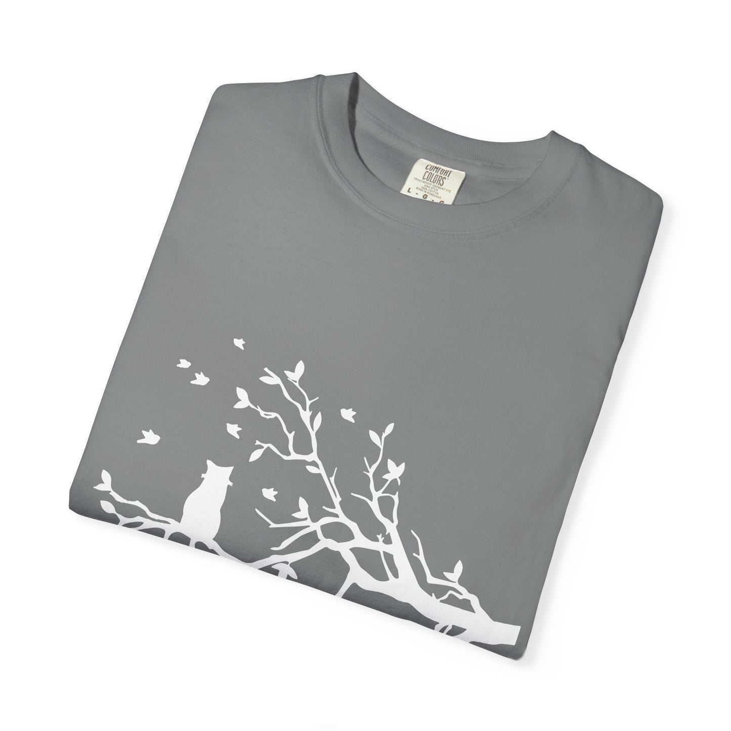 Whimsical Cat and Bird Branch T-Shirt