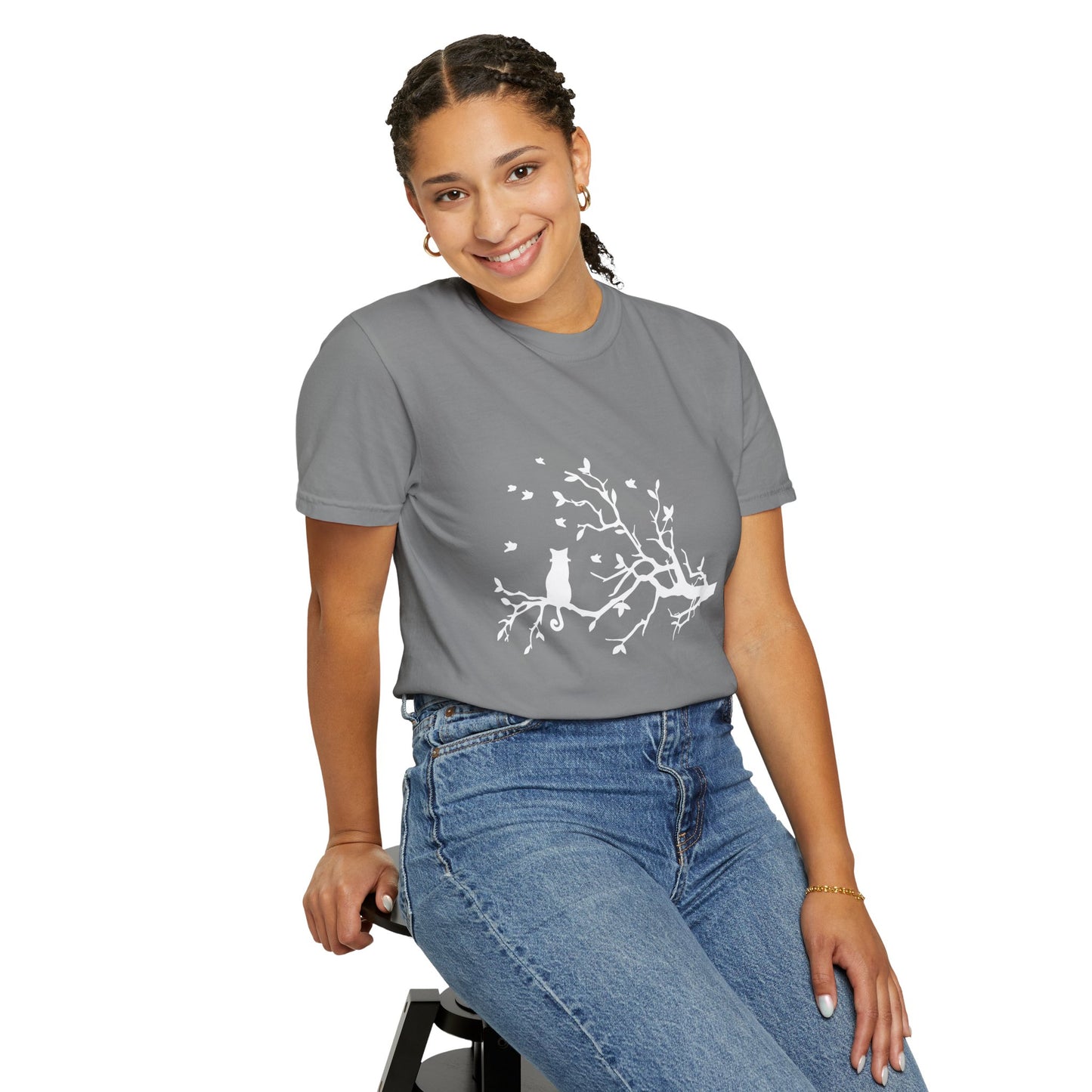 Whimsical Cat and Bird Branch T-Shirt