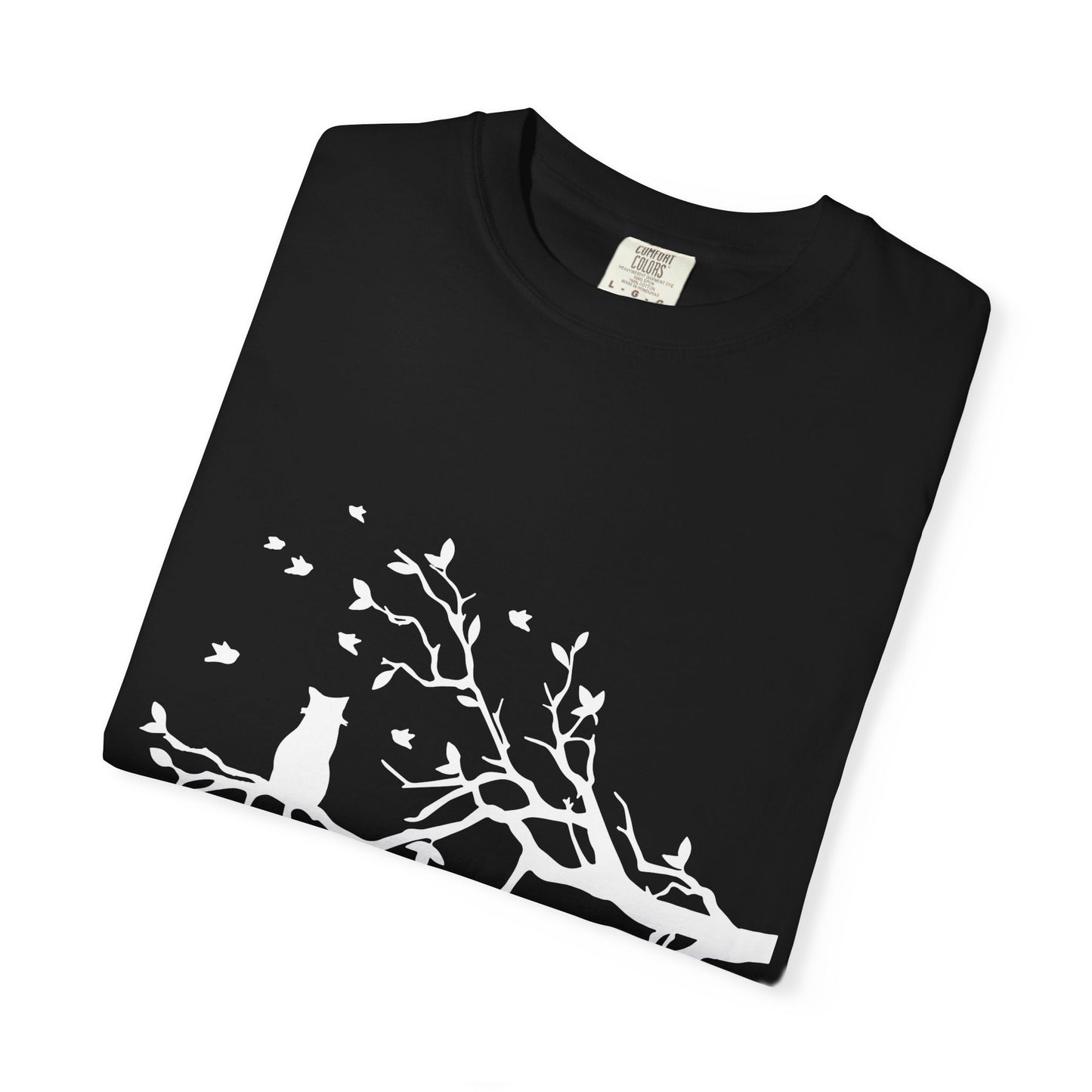 Whimsical Cat and Bird Branch T-Shirt