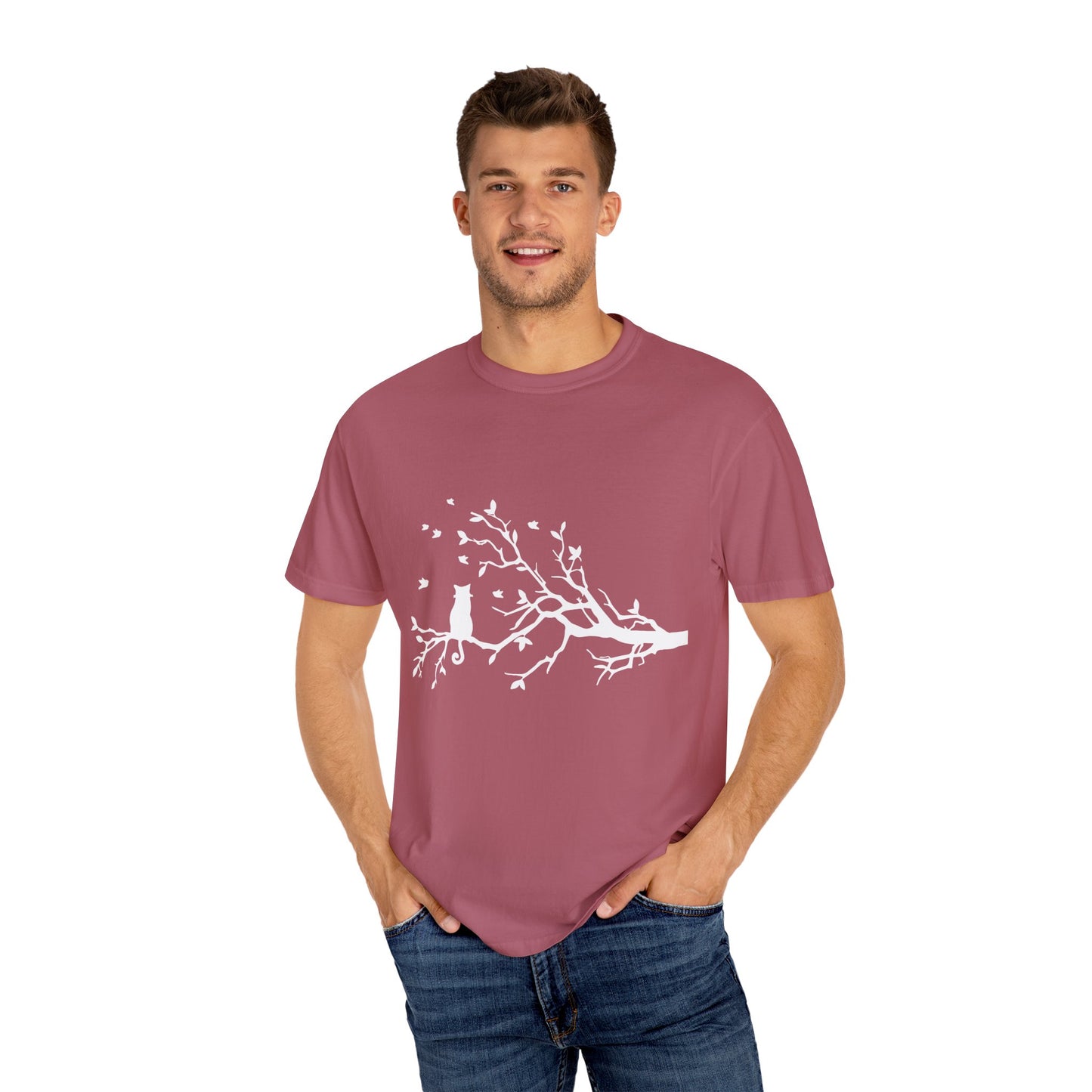 Whimsical Cat and Bird Branch T-Shirt