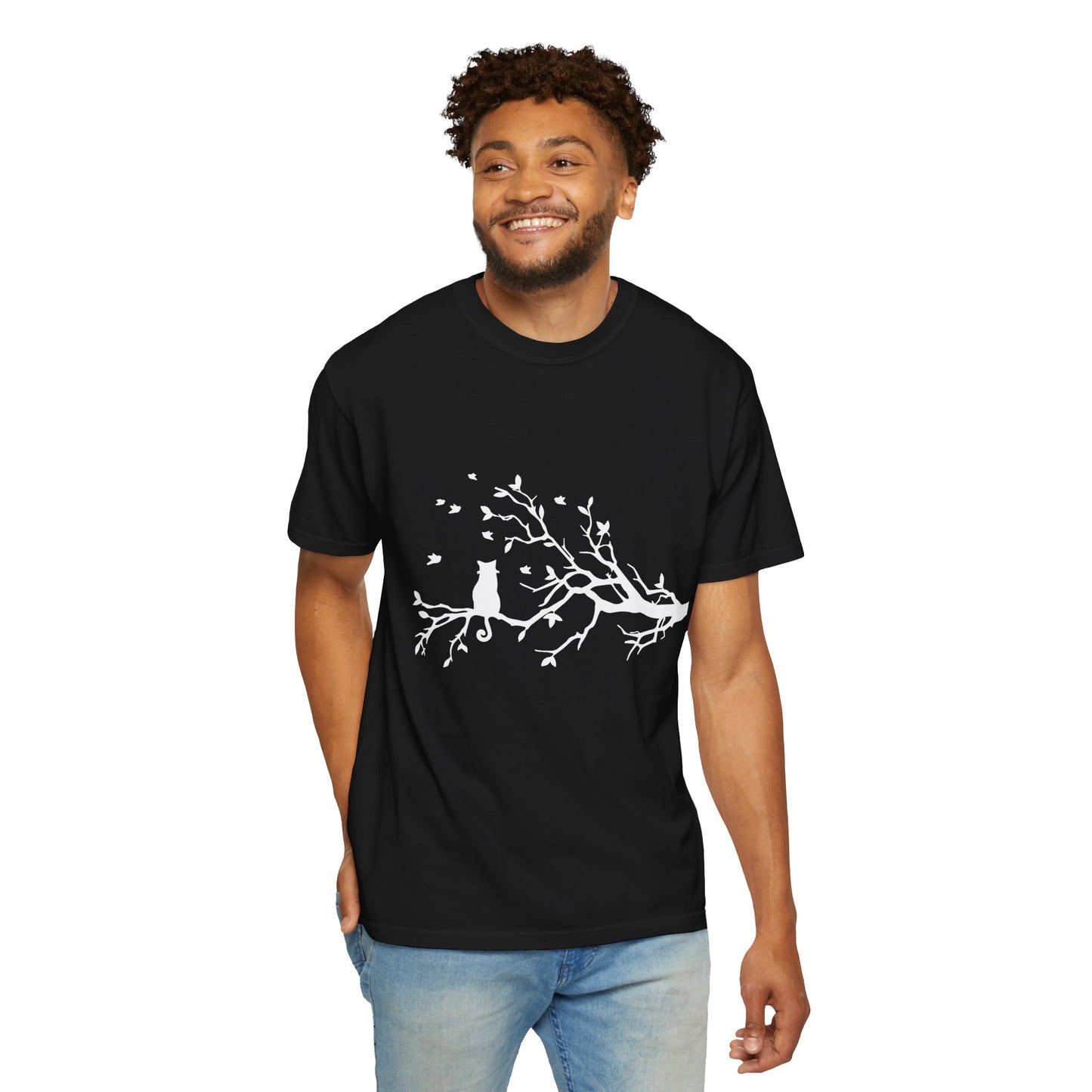 Whimsical Cat and Bird Branch T-Shirt