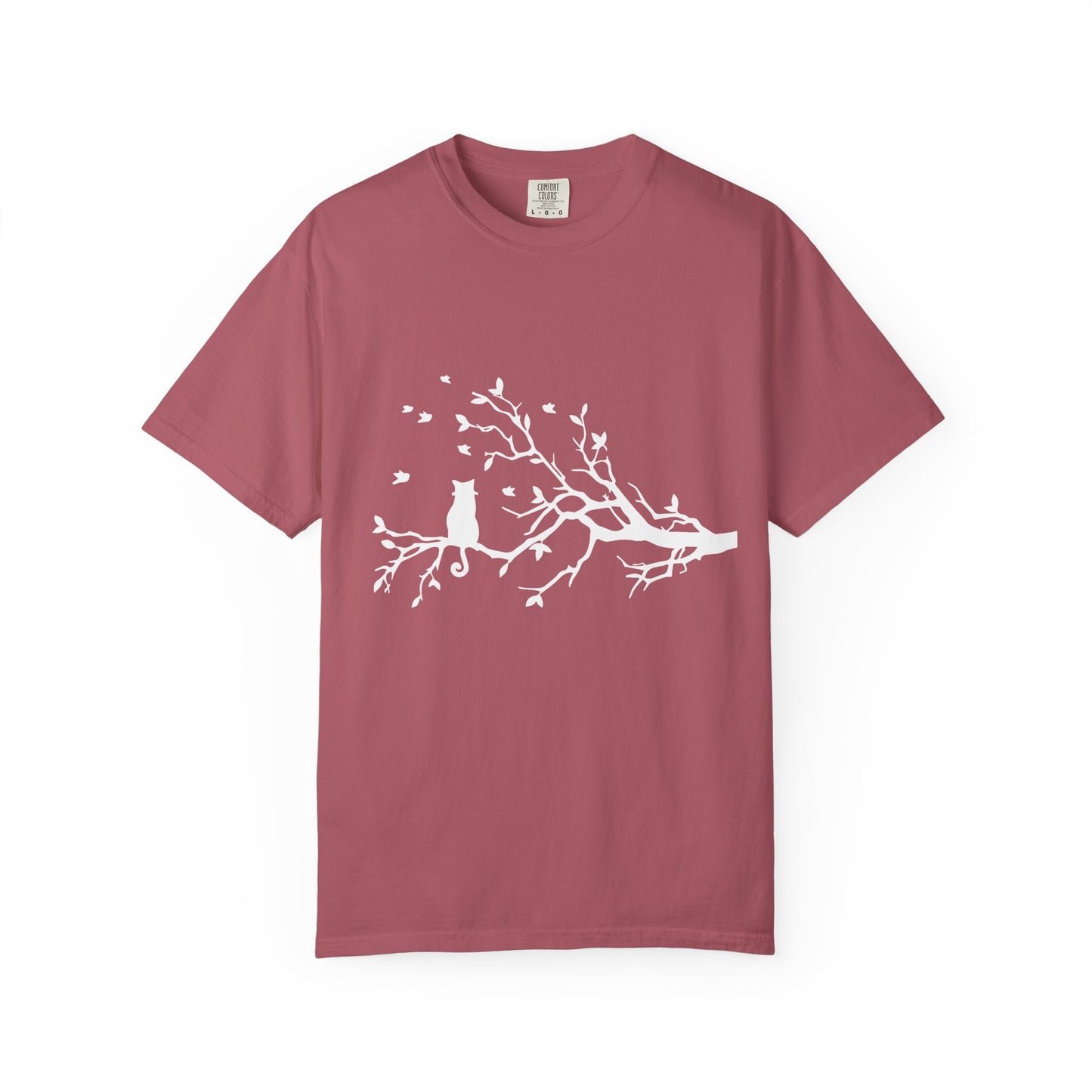 Whimsical Cat and Bird Branch T-Shirt