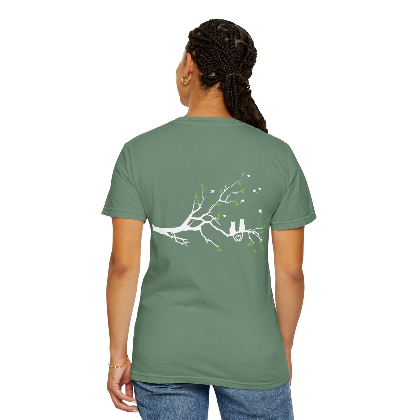 Whimsical Cat and Bird Branch T-Shirt