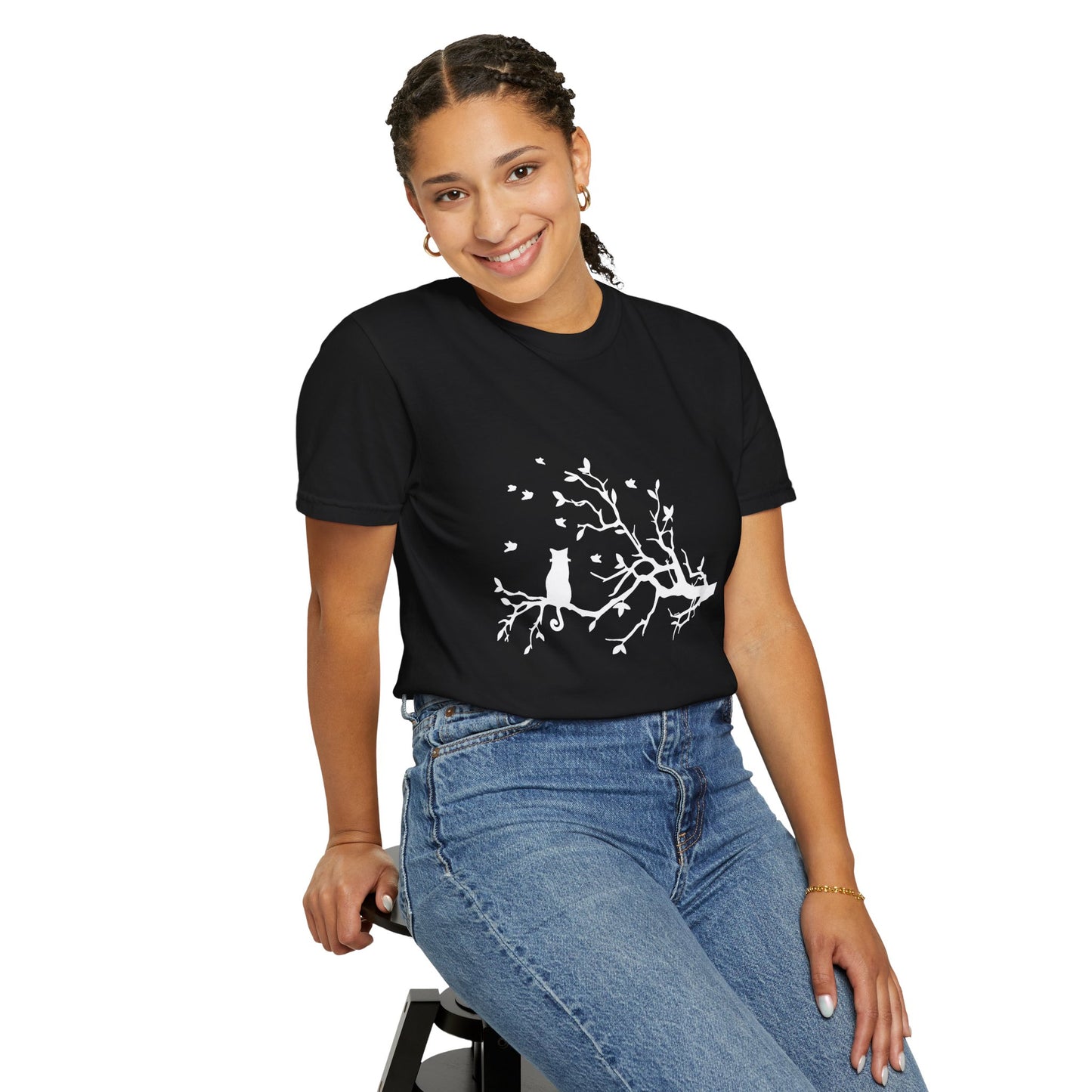 Whimsical Cat and Bird Branch T-Shirt