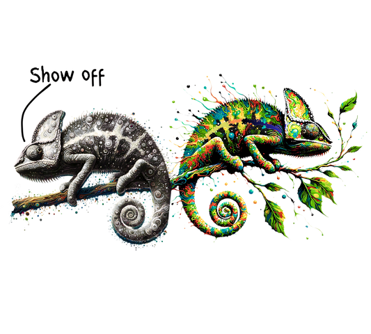 Two chameleons, one gray and one colorful, on a branch with the word 'Show off'.