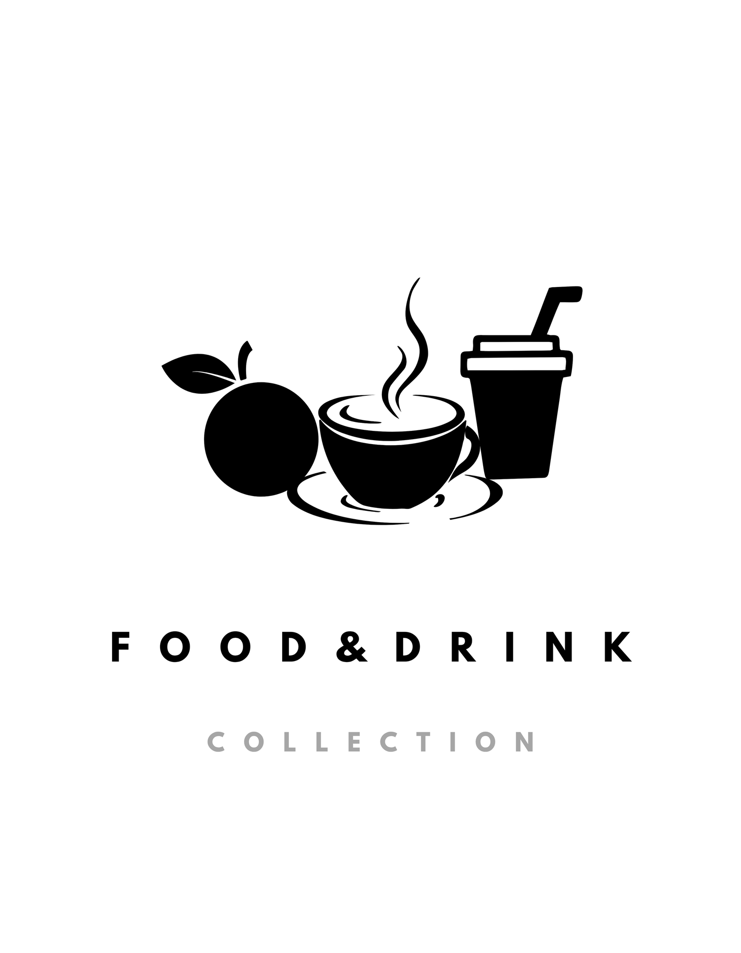 Black icon set on a white background showing a whole fruit (likely an orange), a steaming cup on a saucer, and a takeaway cup with a straw. Below are the words “FOOD & DRINK” in bold black text and “COLLECTION” in grey.