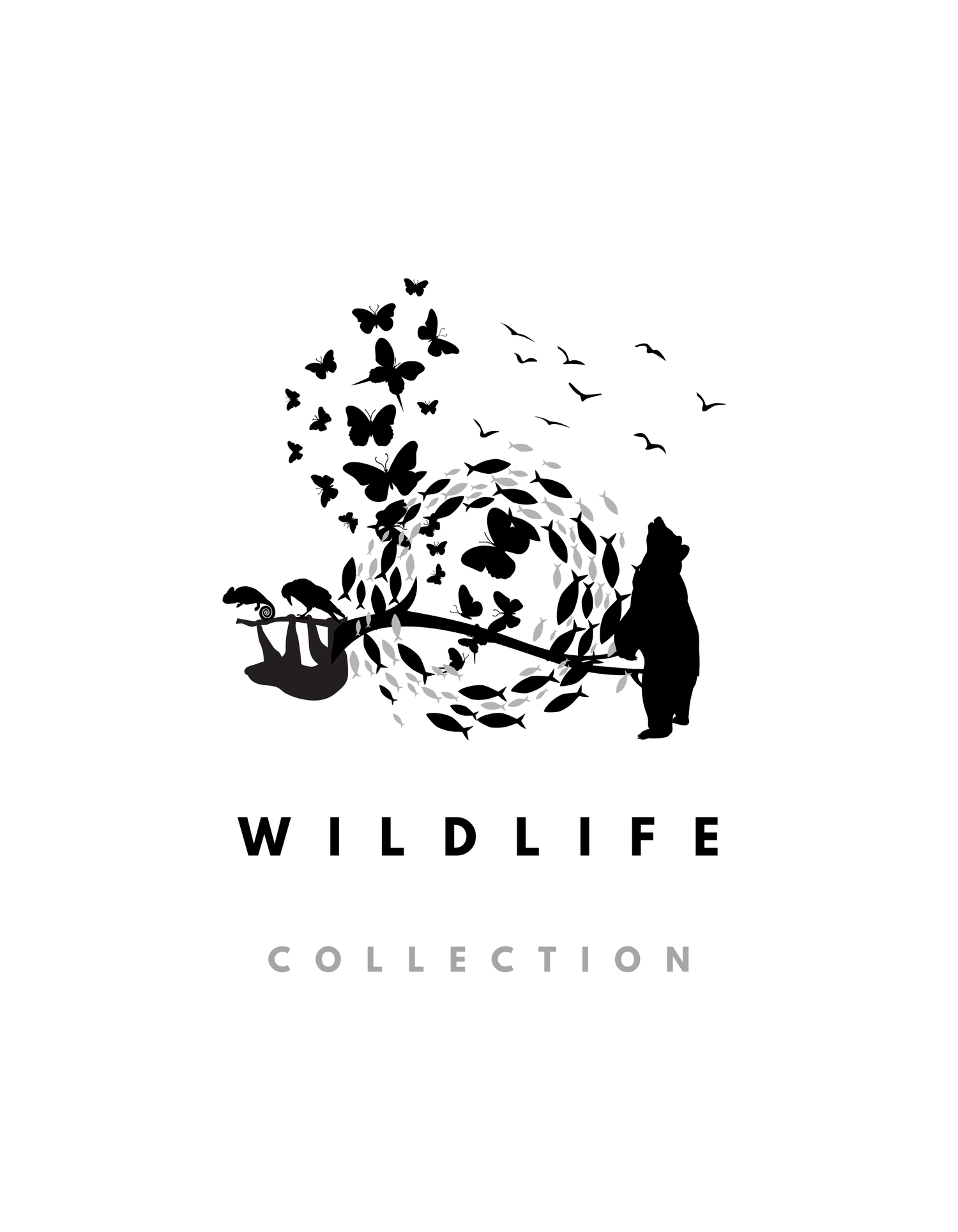Image of a branch with animals including a sloth, birds, a chameleon, a bear, butterflies, and fish, arranged in a swirling pattern. Above are birds and butterflies are flying outward. Below isthe word “WILDLIFE” in black and “COLLECTION” in grey.