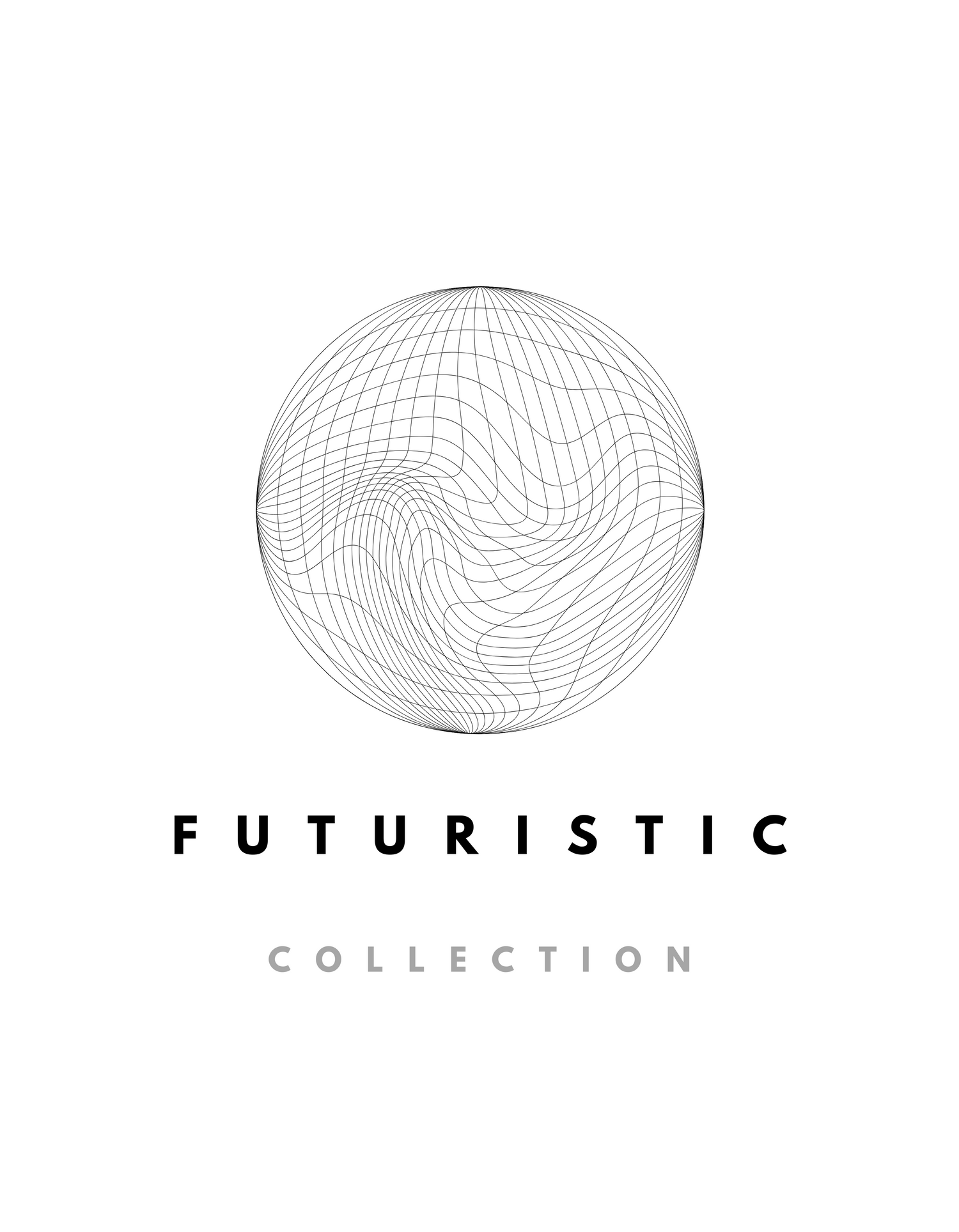A wireframe globe composed of wavy black contour lines, symbolizing digital or futuristic themes. Below the sphere are the words “FUTURISTIC” in bold black and “COLLECTION” in grey.