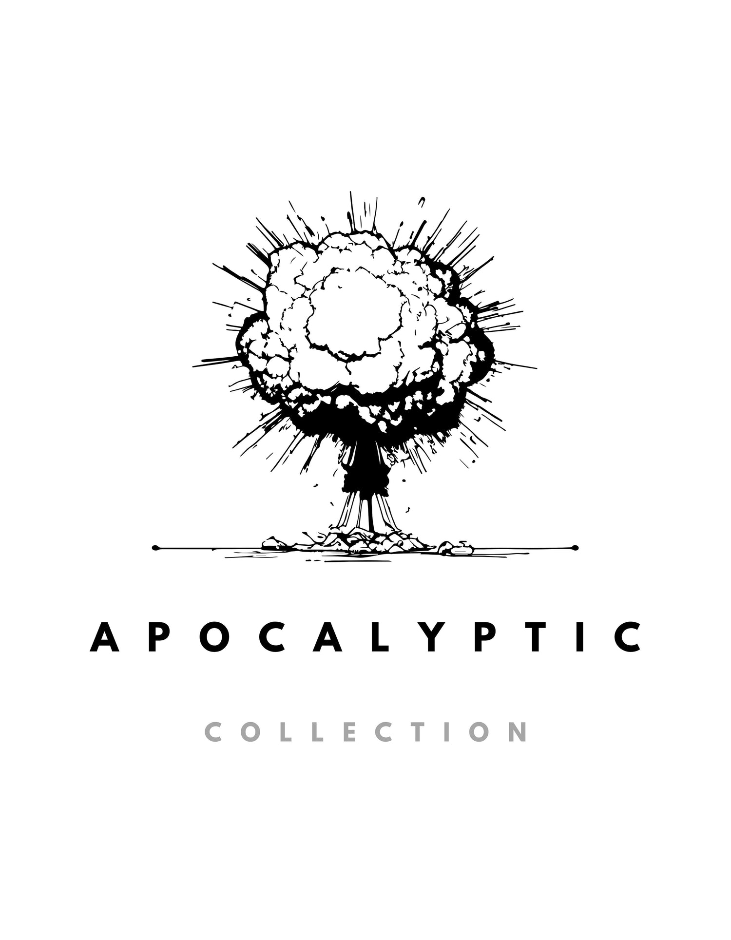 Black and white sketch-style illustration of a nuclear mushroom cloud explosion. Below the illustration are the words “APOCALYPTIC” in bold black letters and “COLLECTION” in grey.