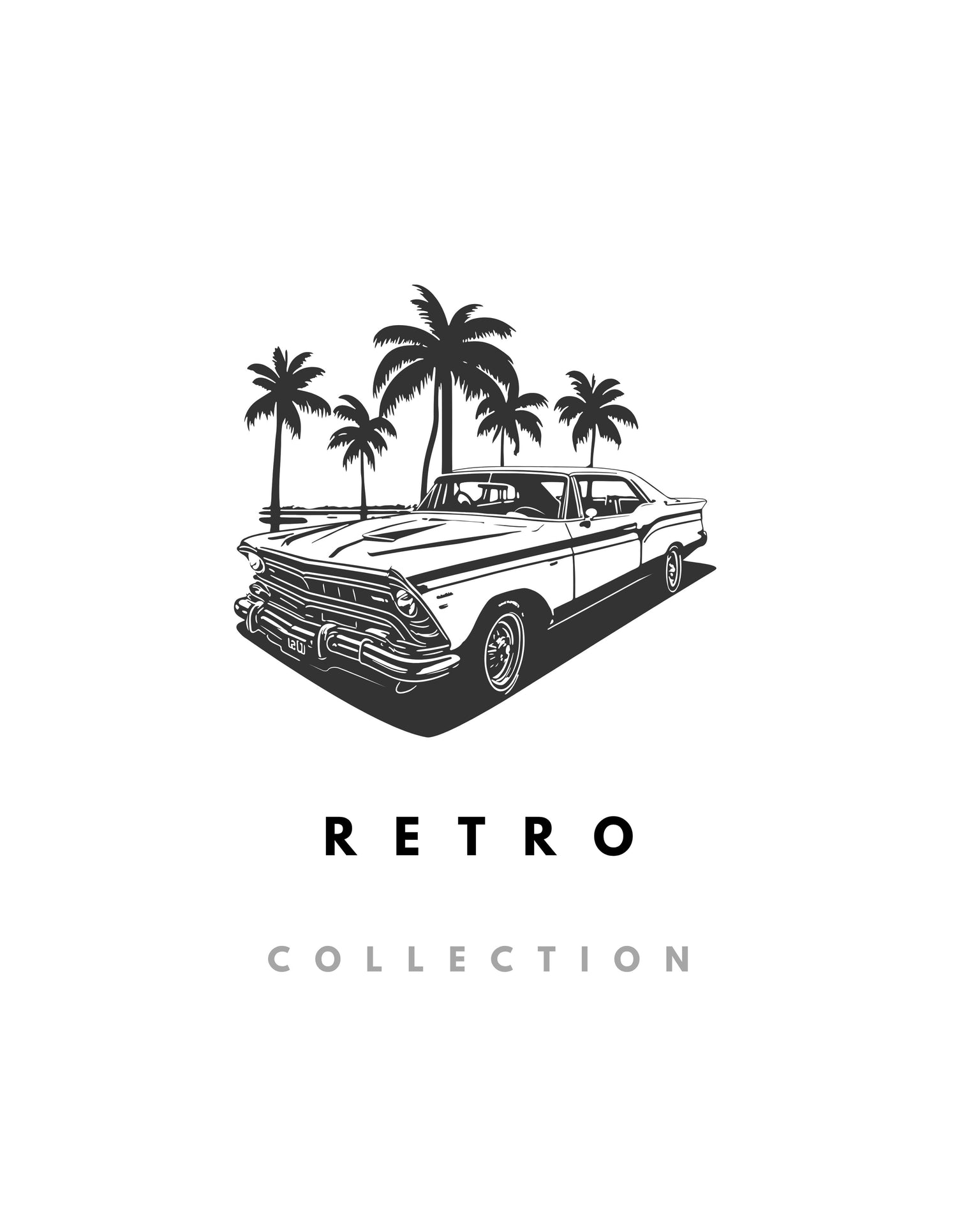 Vintage illustration of a classic American car parked among several palm trees, rendered in black and white. Positioned above the words “RETRO” in bold black and “COLLECTION” in grey.