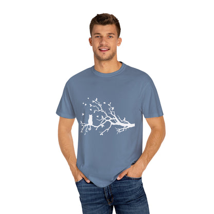 Whimsical Cat and Bird Branch T-Shirt