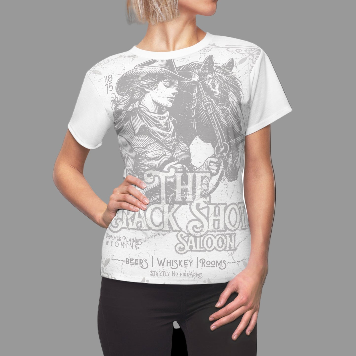 Person wearing a white t-shirt with black and gray graphic design on a white background