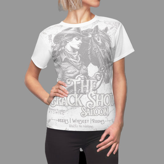 Person wearing a white t-shirt with black and gray graphic design on a white background