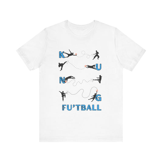 White t-shirt with KUNG FU and Football graphic design and text on a white background