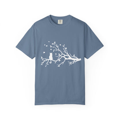 Whimsical Cat and Bird Branch T-Shirt