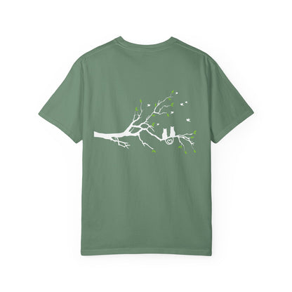 Whimsical Cat and Bird Branch T-Shirt