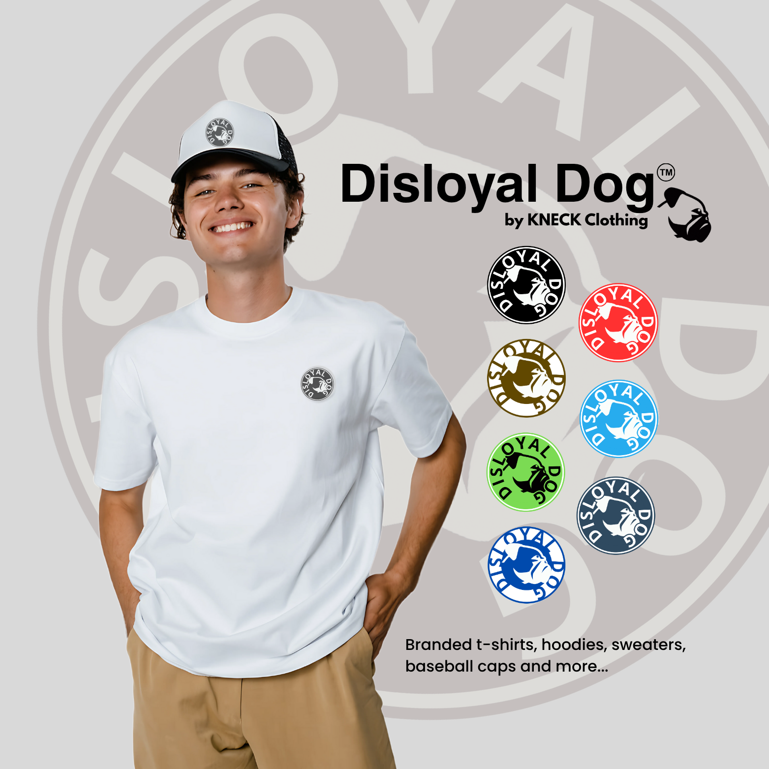 Person wearing a white t-shirt and cap with 'Disloyal Dog' branding on a gray background.
